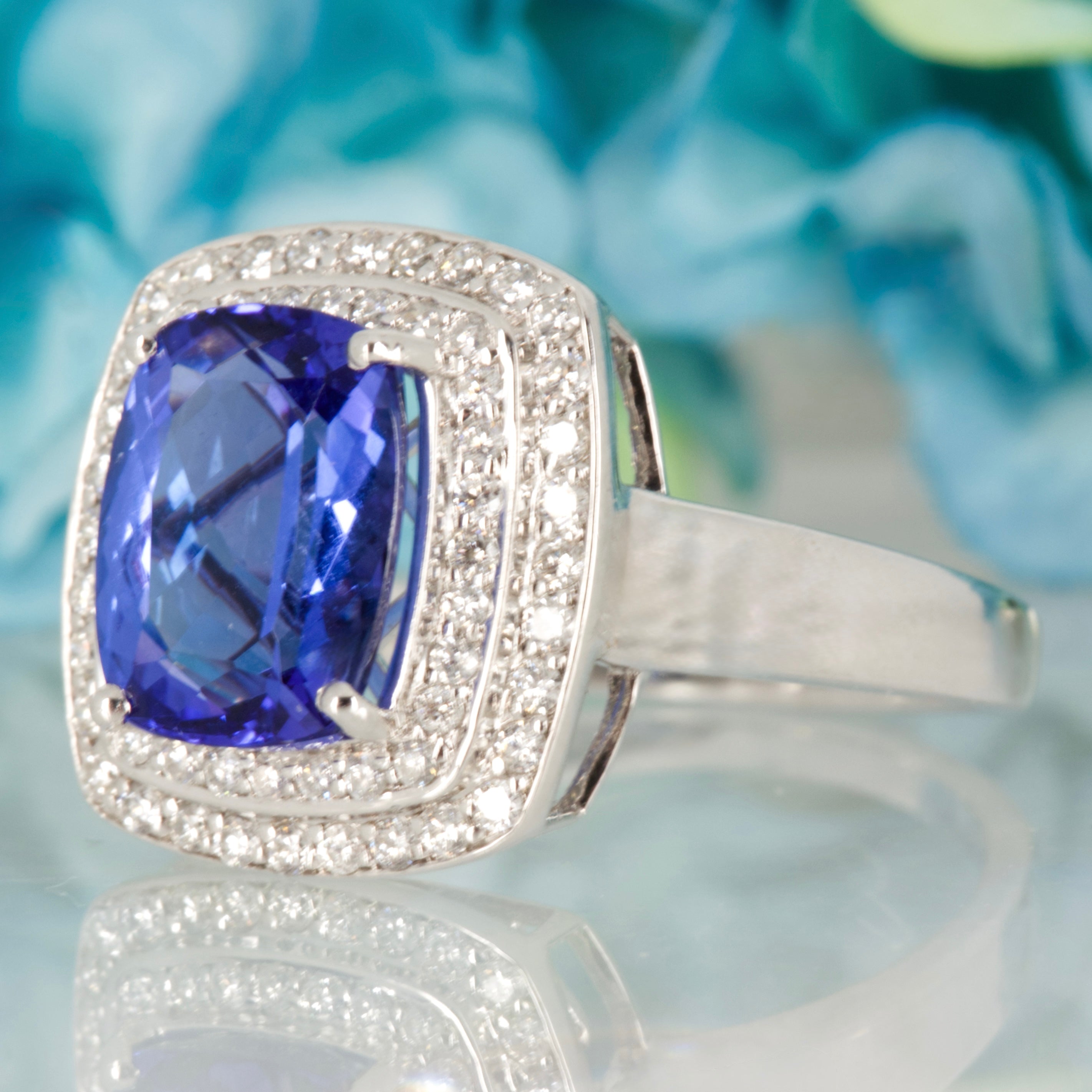 Pre-Loved 18ct White Gold Cushion Cut Tanzanite & Round Brilliant Cut Diamond Double Halo Cluster Ring