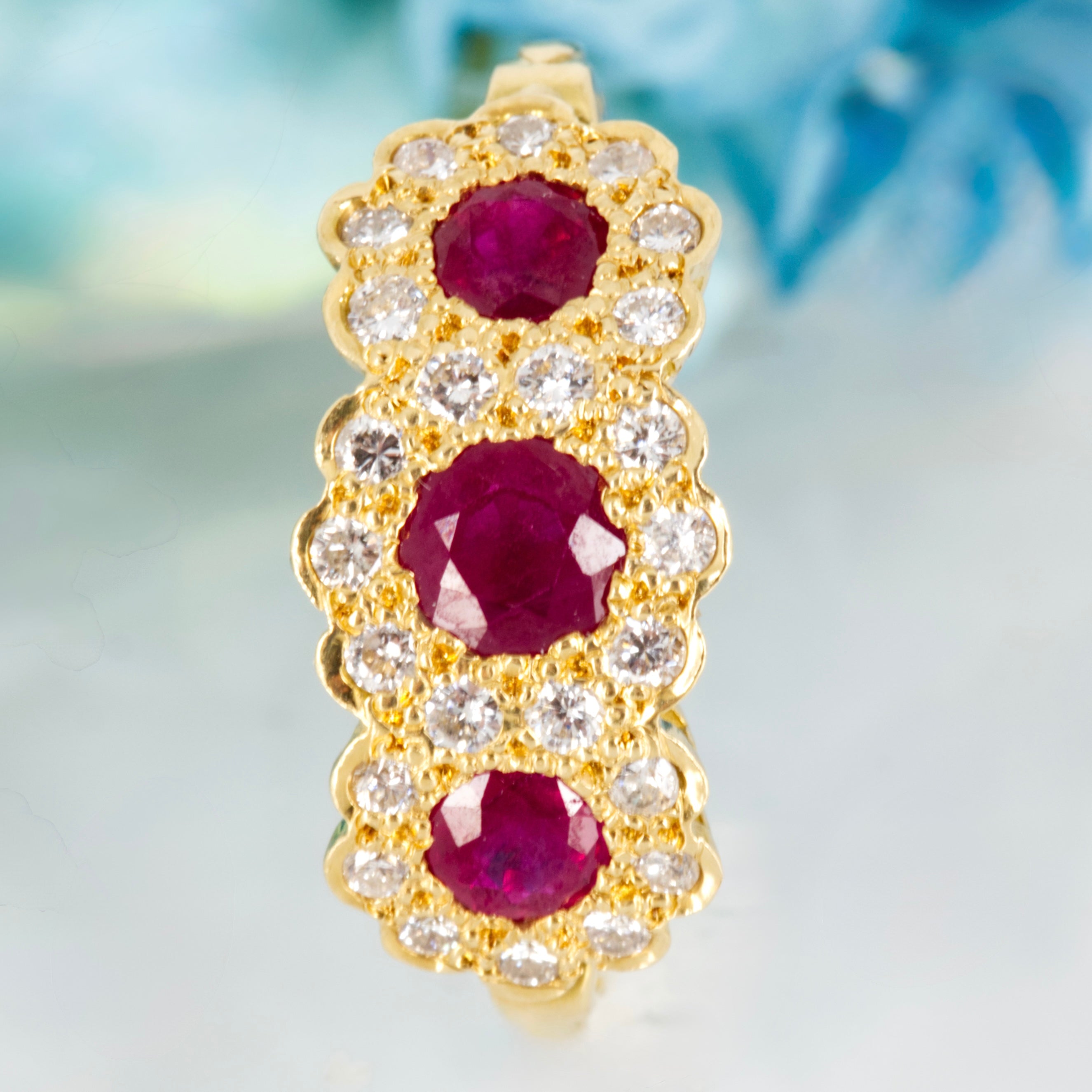 Pre-Loved 18ct Yellow Gold Round Cut Ruby & Round Brilliant Cut Diamond Triple Cluster Ring