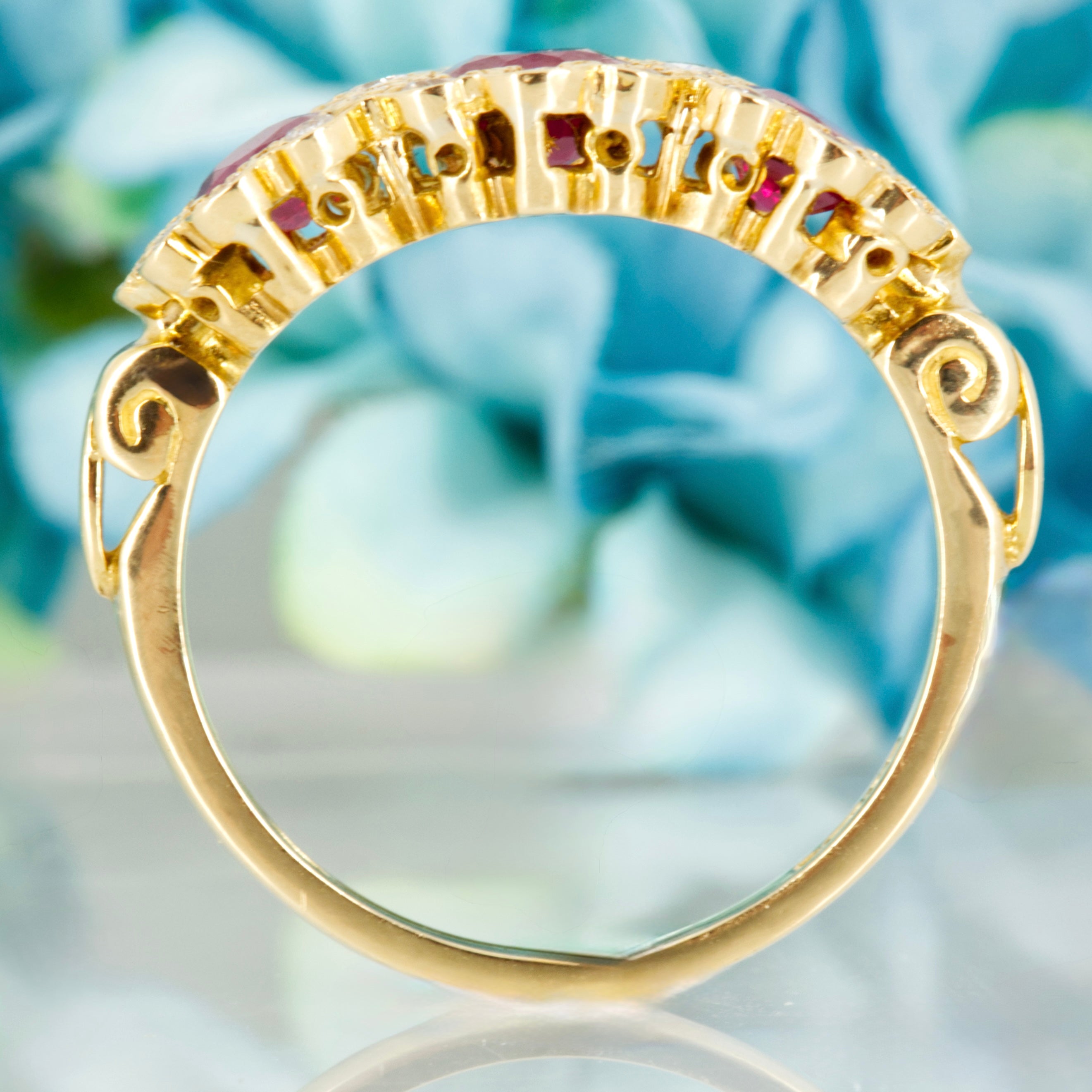 Pre-Loved 18ct Yellow Gold Round Cut Ruby & Round Brilliant Cut Diamond Triple Cluster Ring