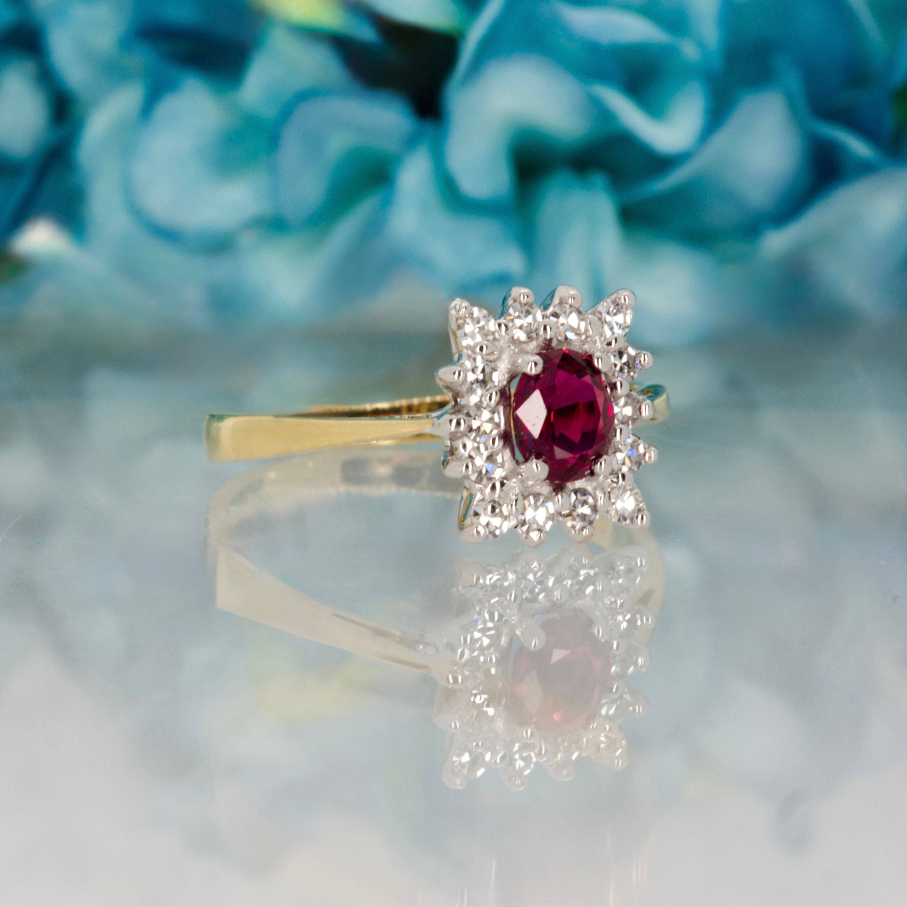 Pre-Loved 18ct Yellow Gold Oval Cut Ruby & Round Brilliant Cut Diamond Rectangular Cluster Ring