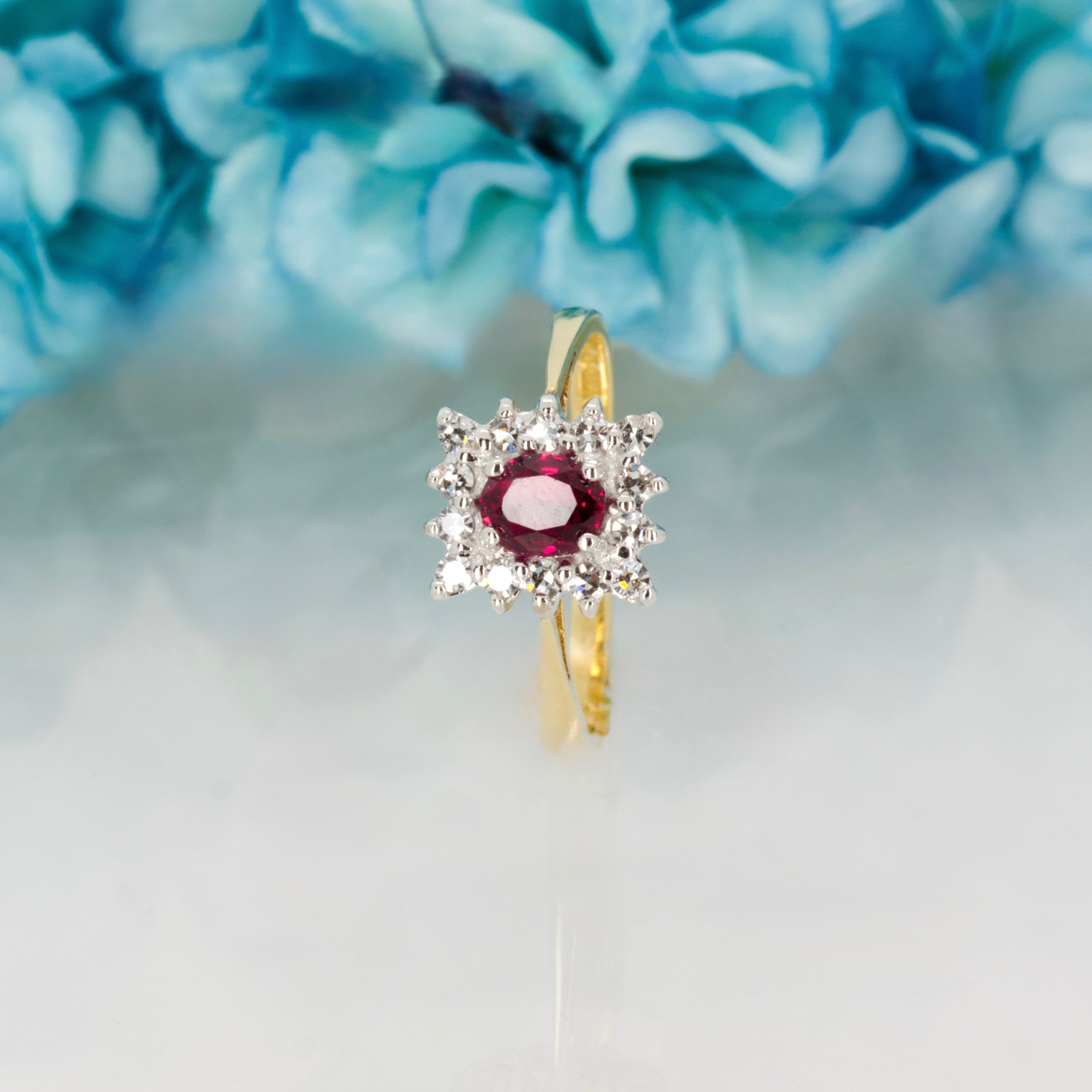 Pre-Loved 18ct Yellow Gold Oval Cut Ruby & Round Brilliant Cut Diamond Rectangular Cluster Ring