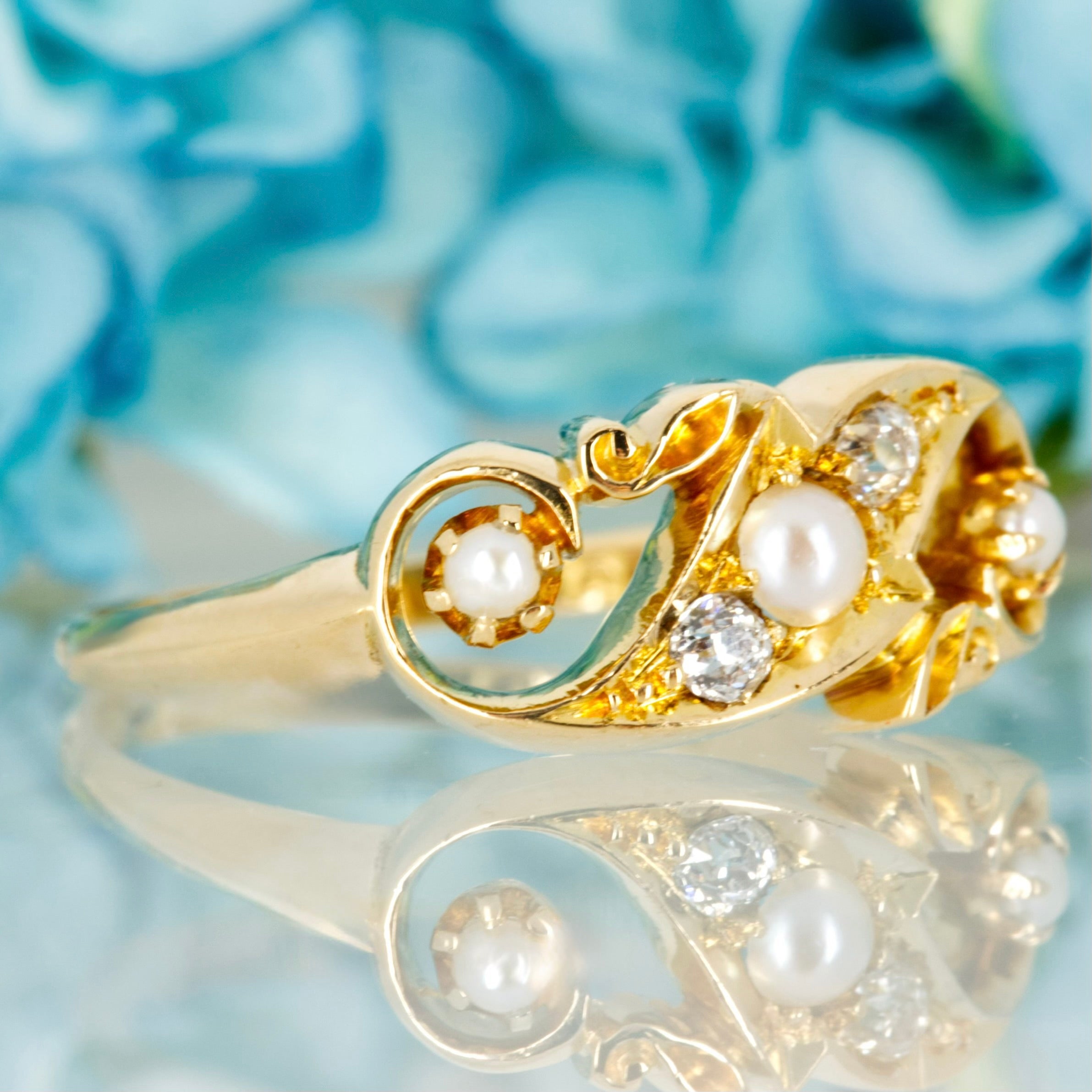 Antique 18ct Yellow Gold Pearl & Round Cut Diamond Dress Ring, hallmarked Chester 1903