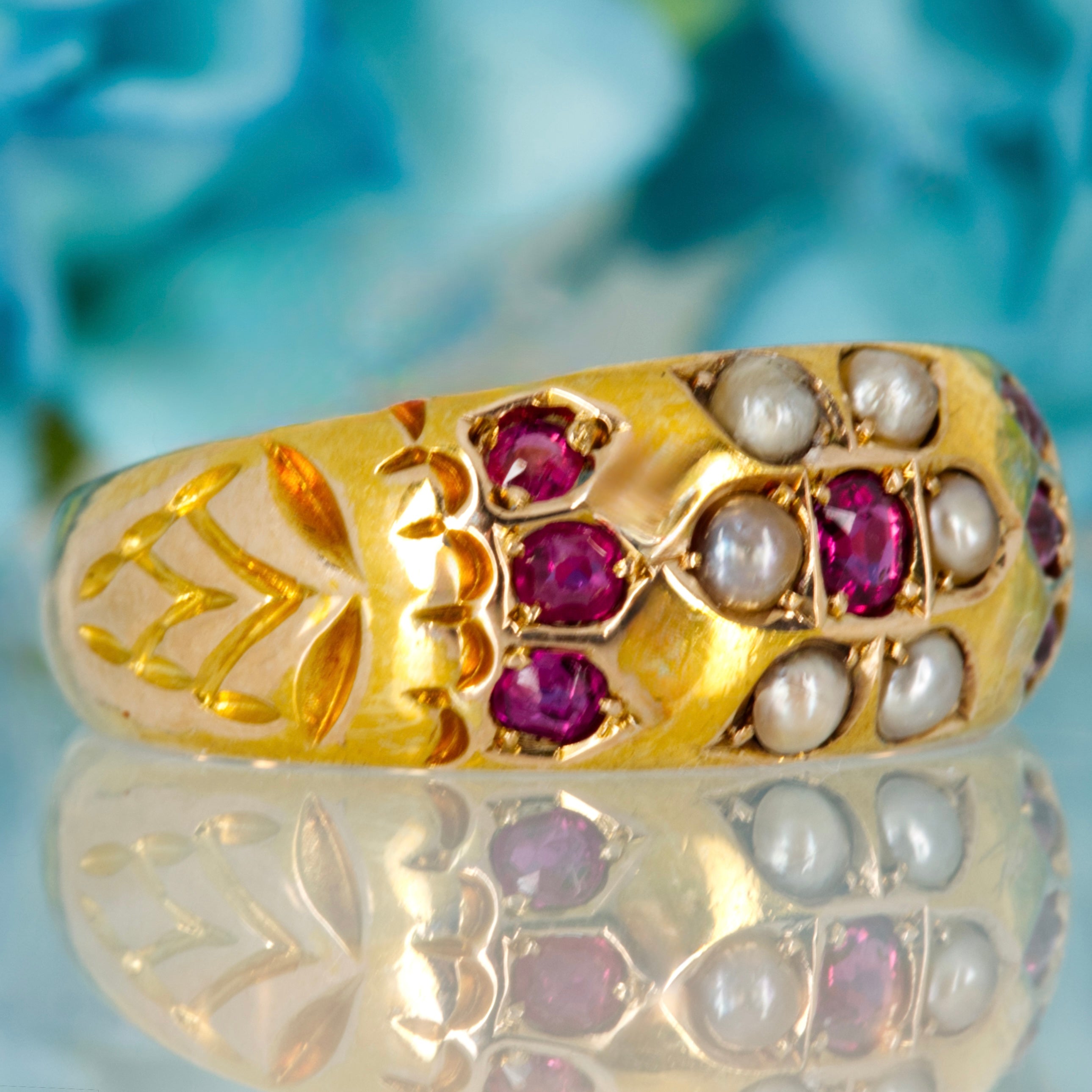 Pre-Loved 15ct Yellow Gold Oval & Round Cut Ruby & Pearl Set Ring