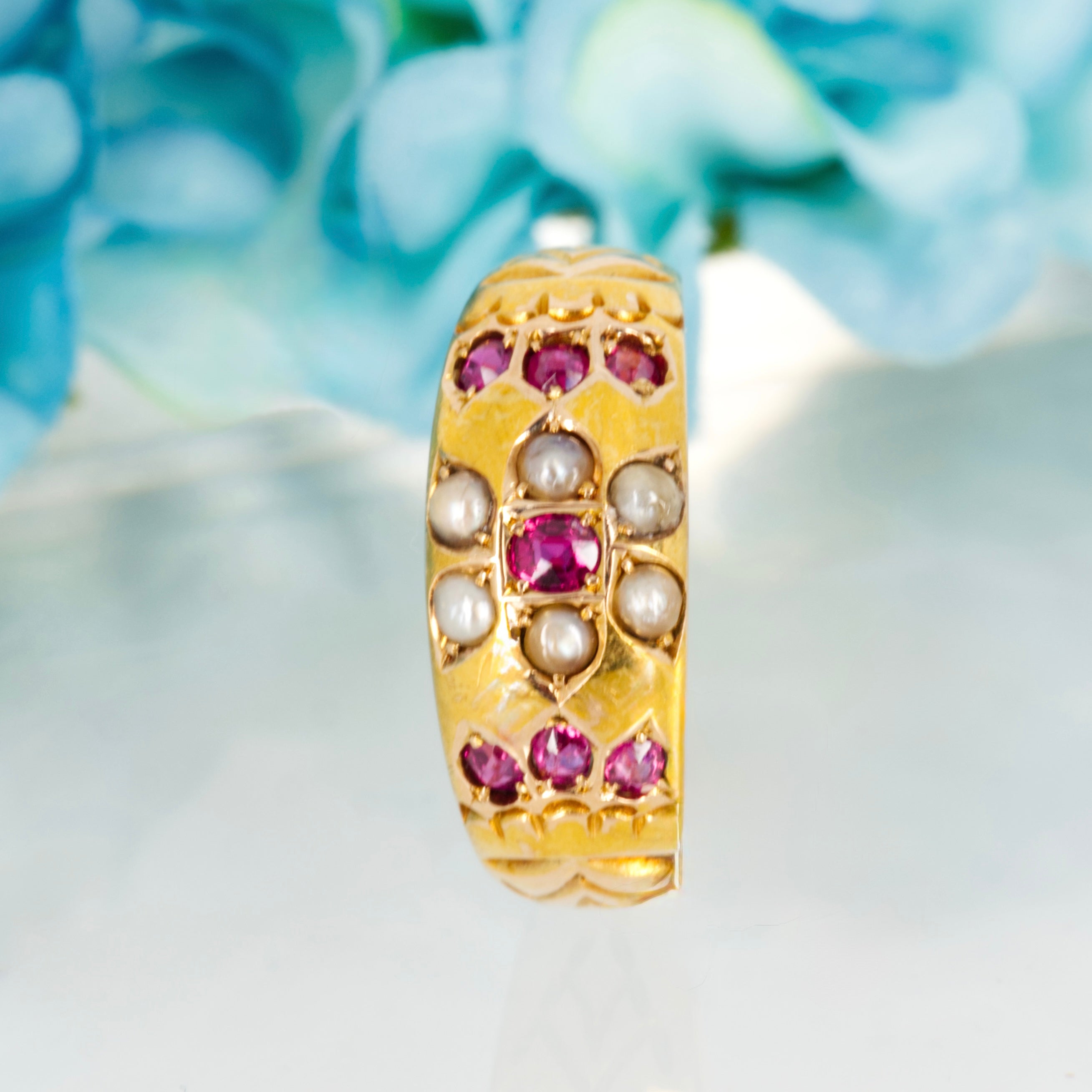 Pre-Loved 15ct Yellow Gold Oval & Round Cut Ruby & Pearl Set Ring