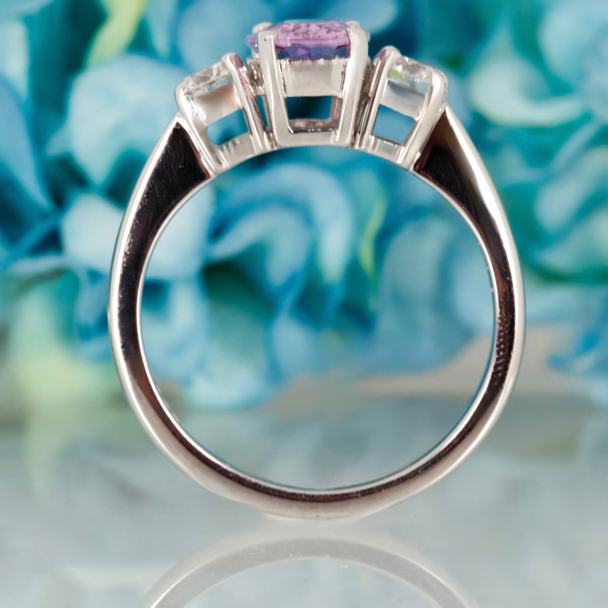 Pre-Loved 18ct White Gold Oval Cut Lilac Sapphire & Round Brilliant Cut Diamond Trilogy Ring