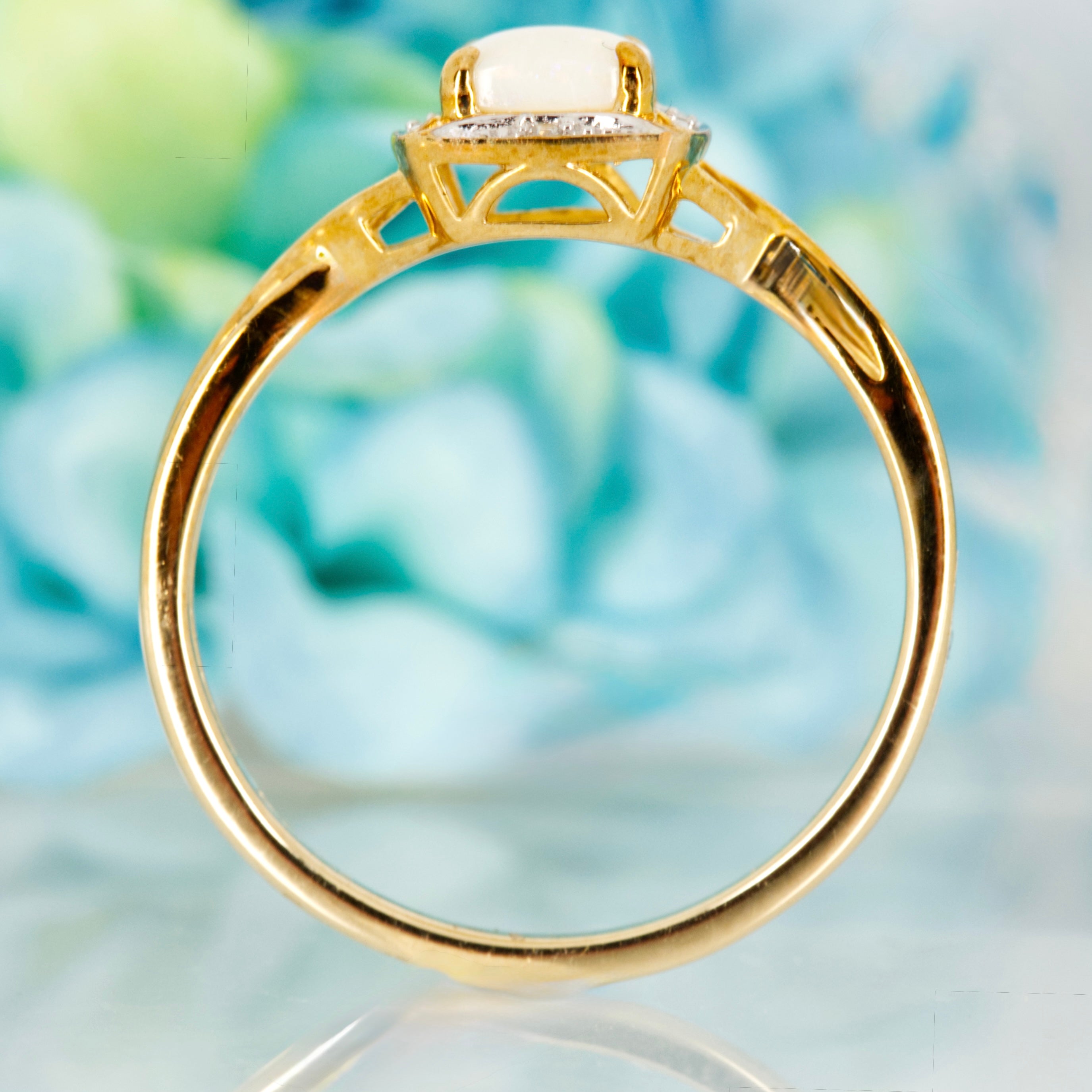 9ct Yellow Gold Round Cut Opal & Round Brilliant Cut Diamond Cushion Shaped Halo Cluster Ring