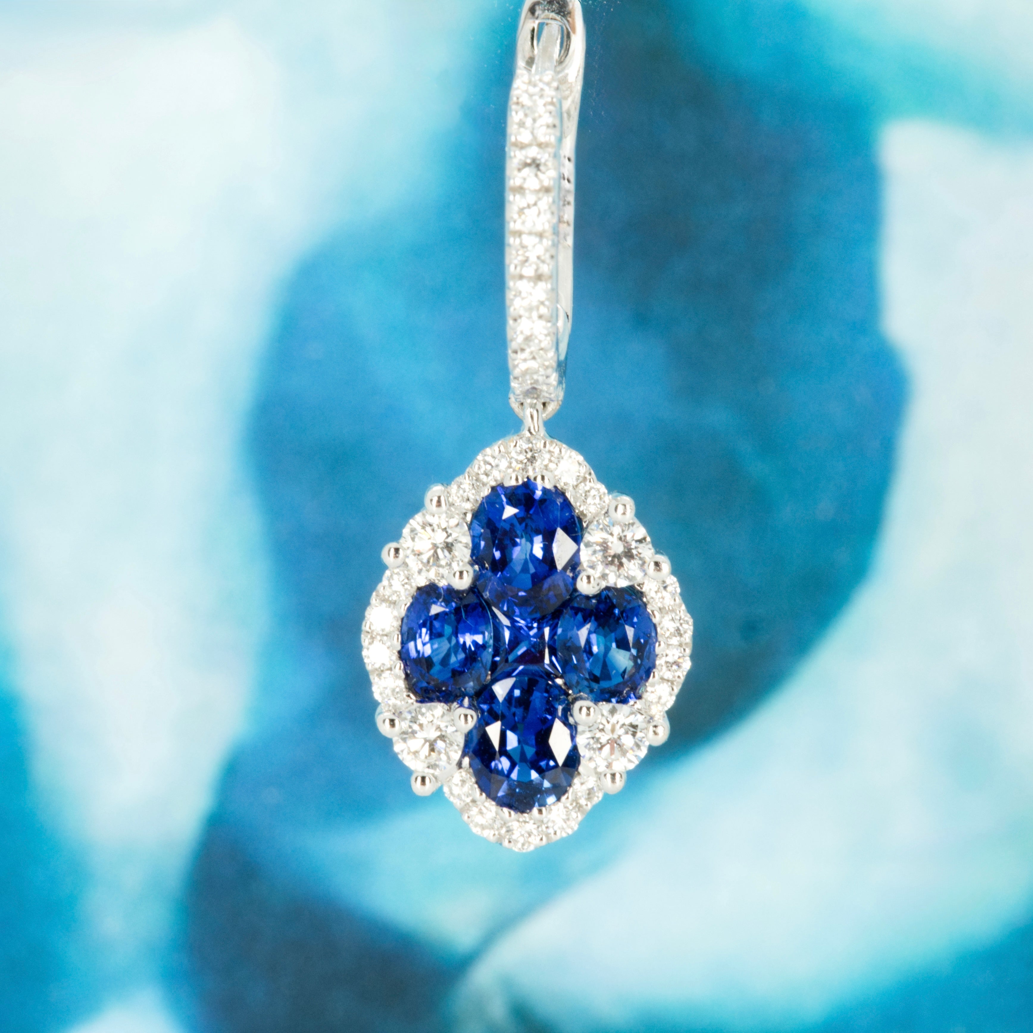 18ct White Gold Round Cut Sapphire & Diamond Drop Earrings