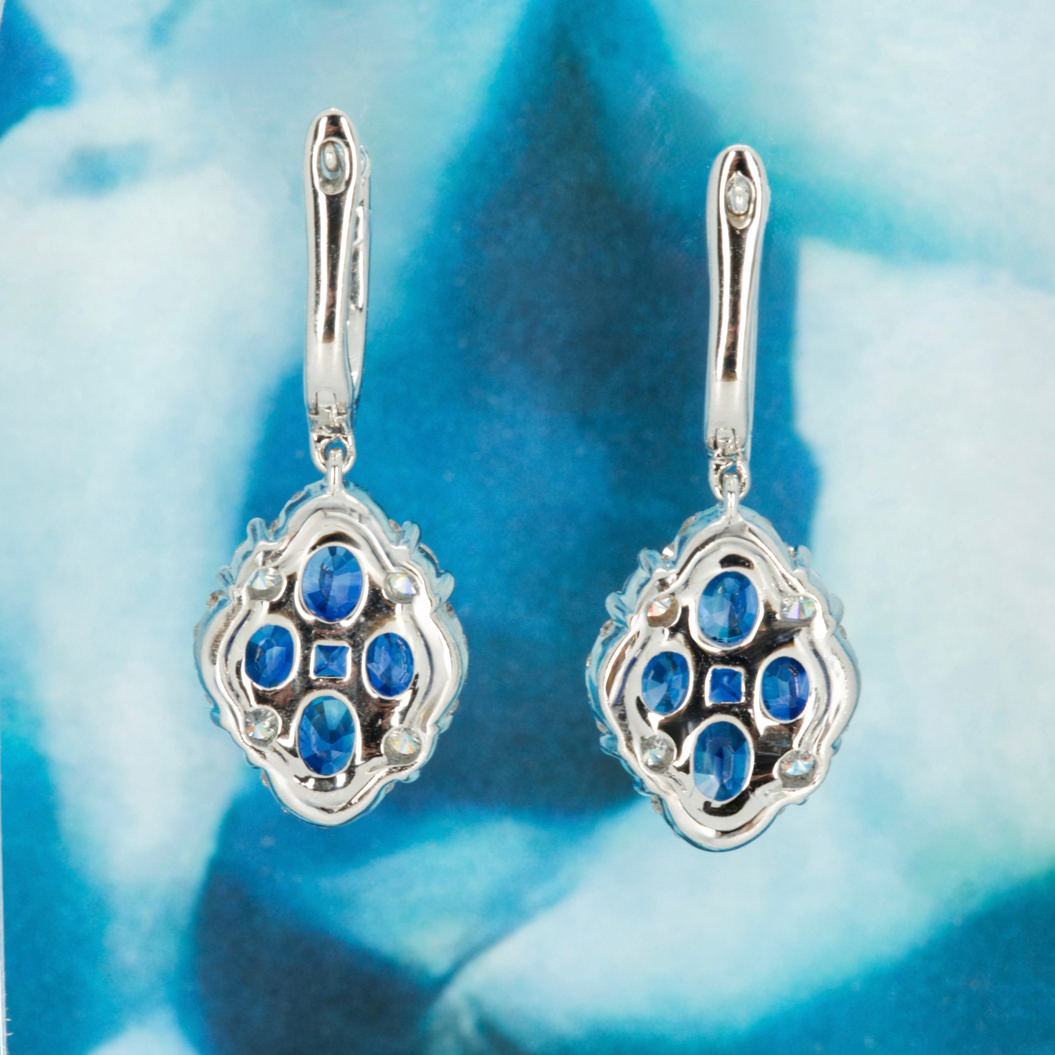 18ct White Gold Round Cut Sapphire & Diamond Drop Earrings