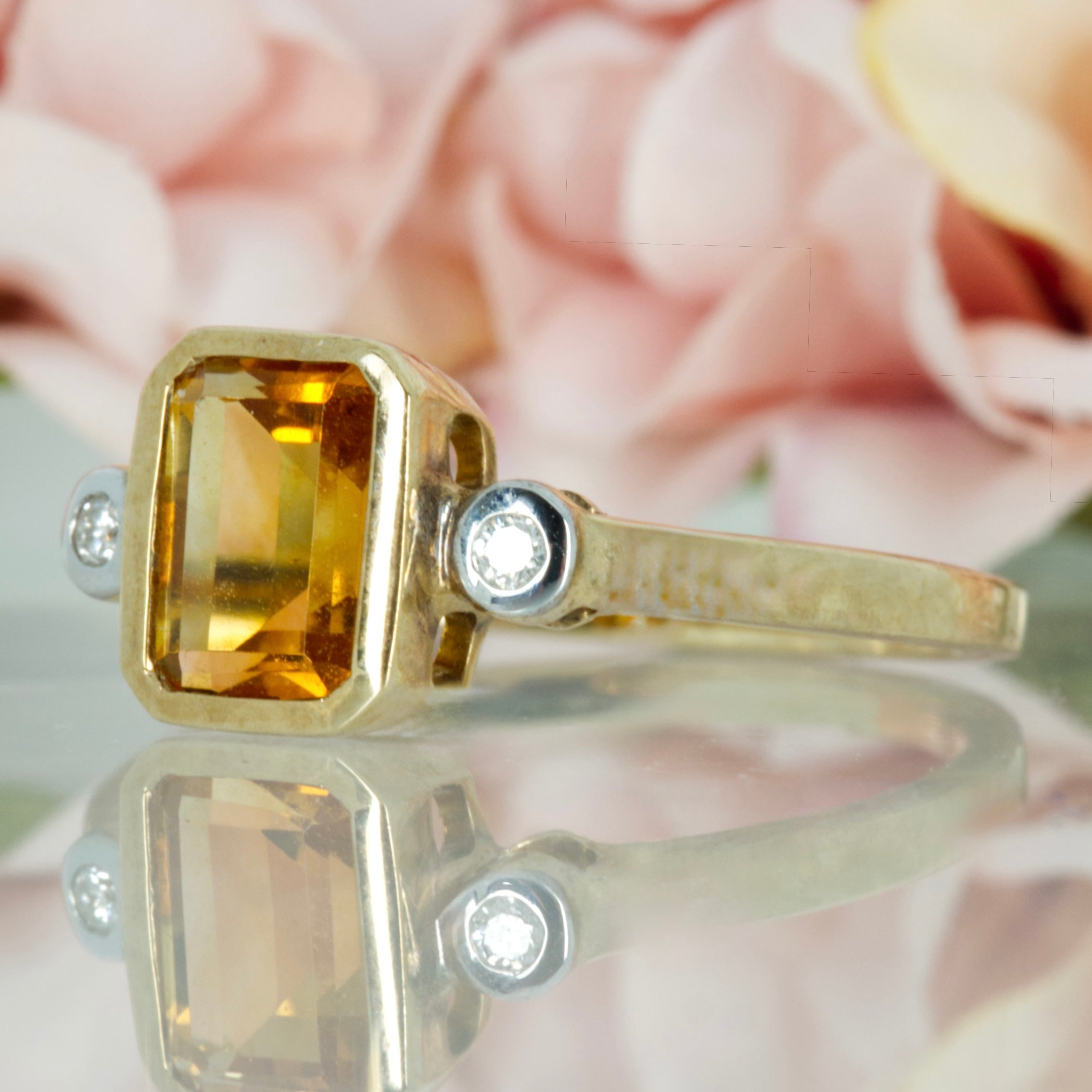 9ct Yellow Gold Octagonal Cut Citrine & Round Brilliant Cut Diamond Trilogy Ring