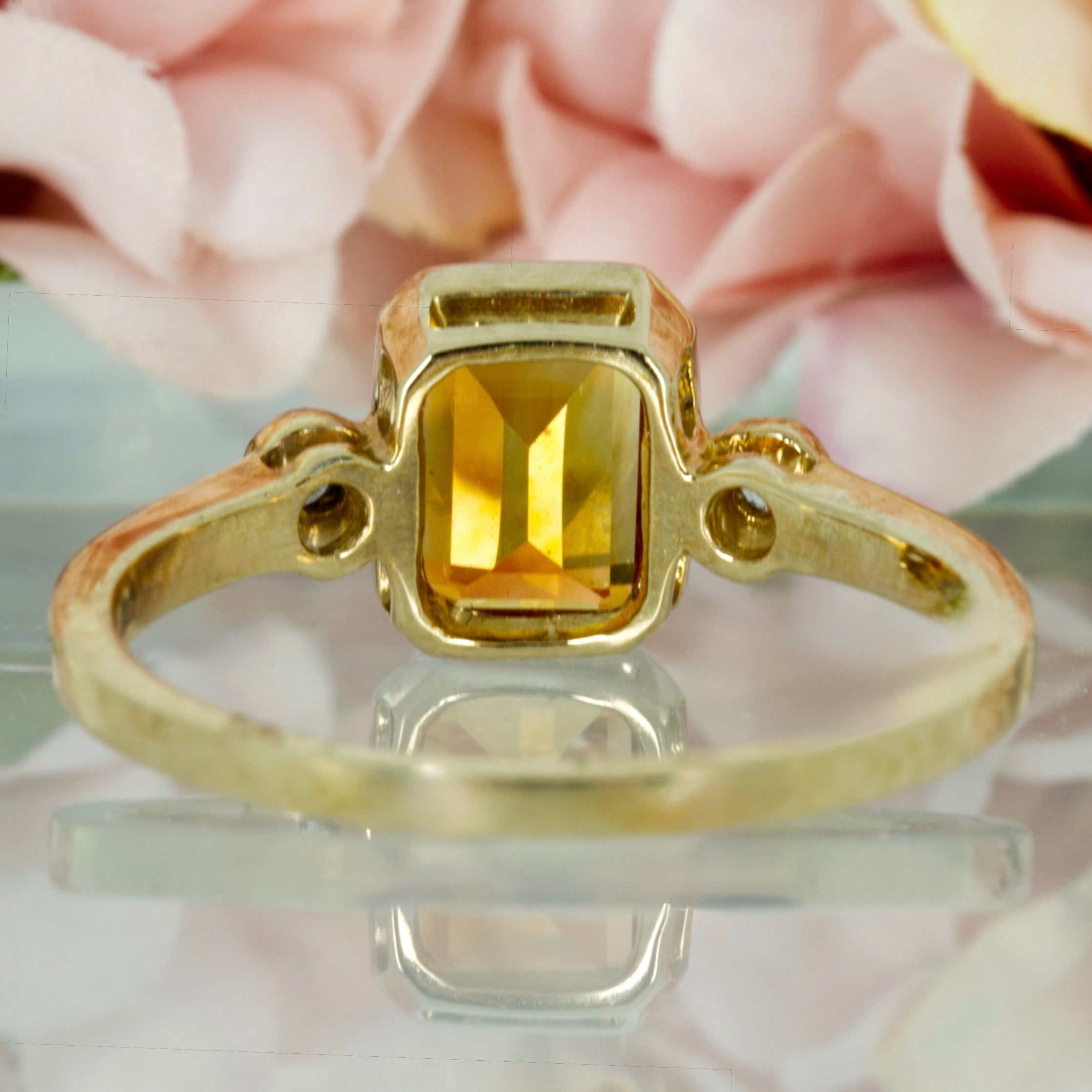9ct Yellow Gold Octagonal Cut Citrine & Round Brilliant Cut Diamond Trilogy Ring
