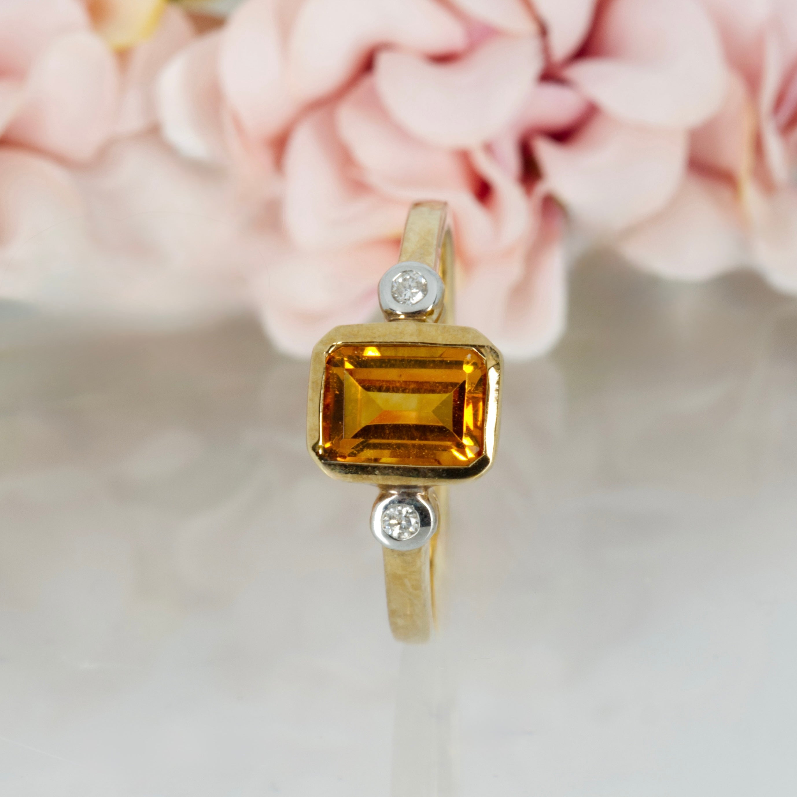 9ct Yellow Gold Octagonal Cut Citrine & Round Brilliant Cut Diamond Trilogy Ring