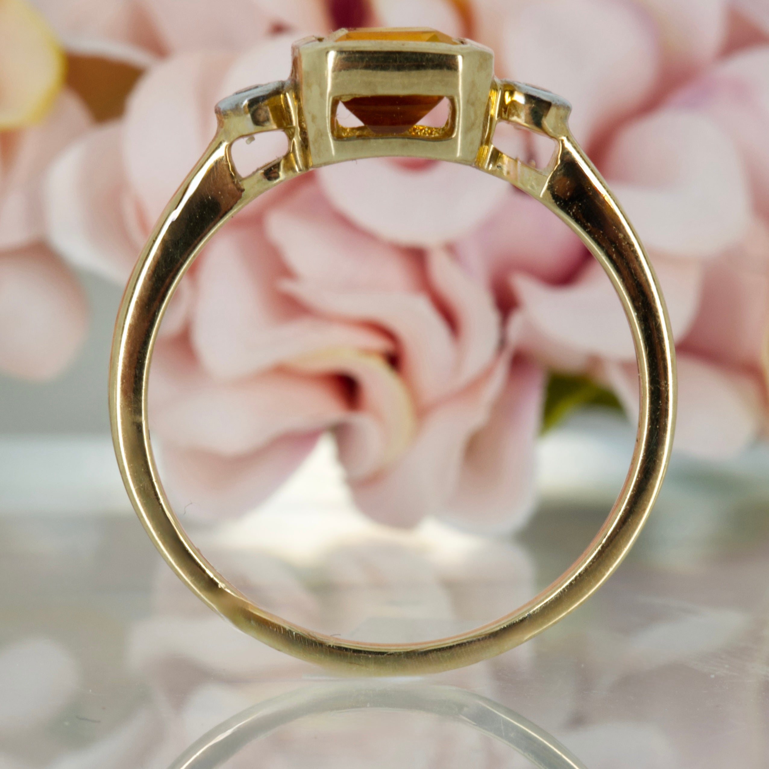 9ct Yellow Gold Octagonal Cut Citrine & Round Brilliant Cut Diamond Trilogy Ring