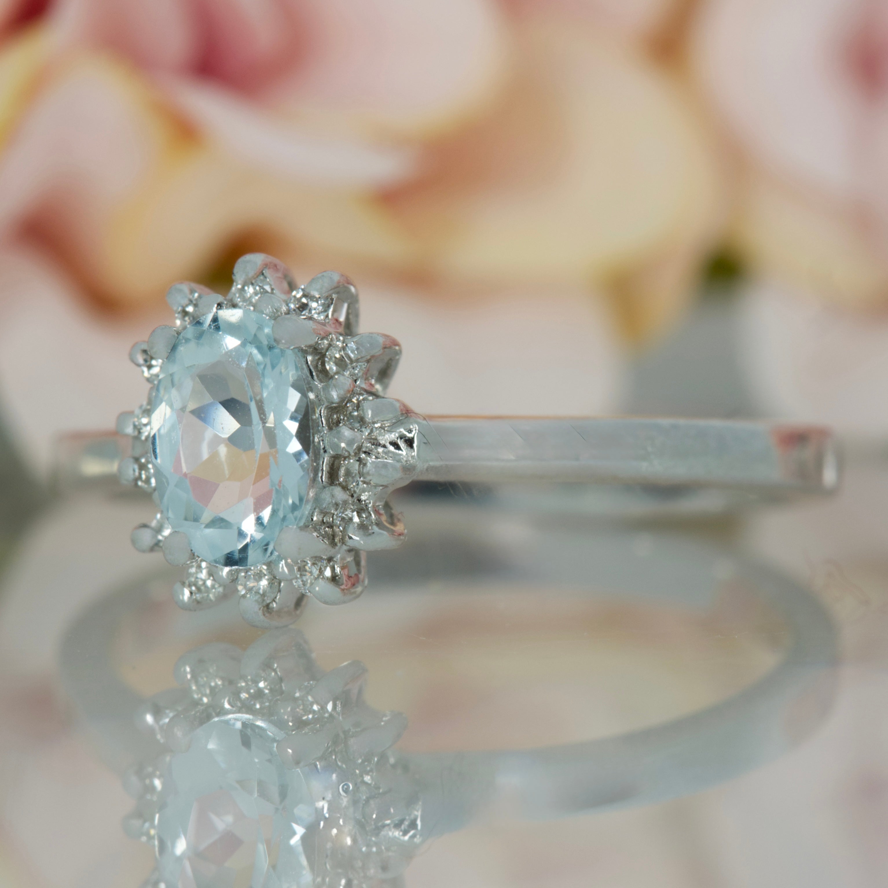 9ct White Gold Oval Cut Aquamarine & Round Brilliant Cut Diamond Cluster Ring