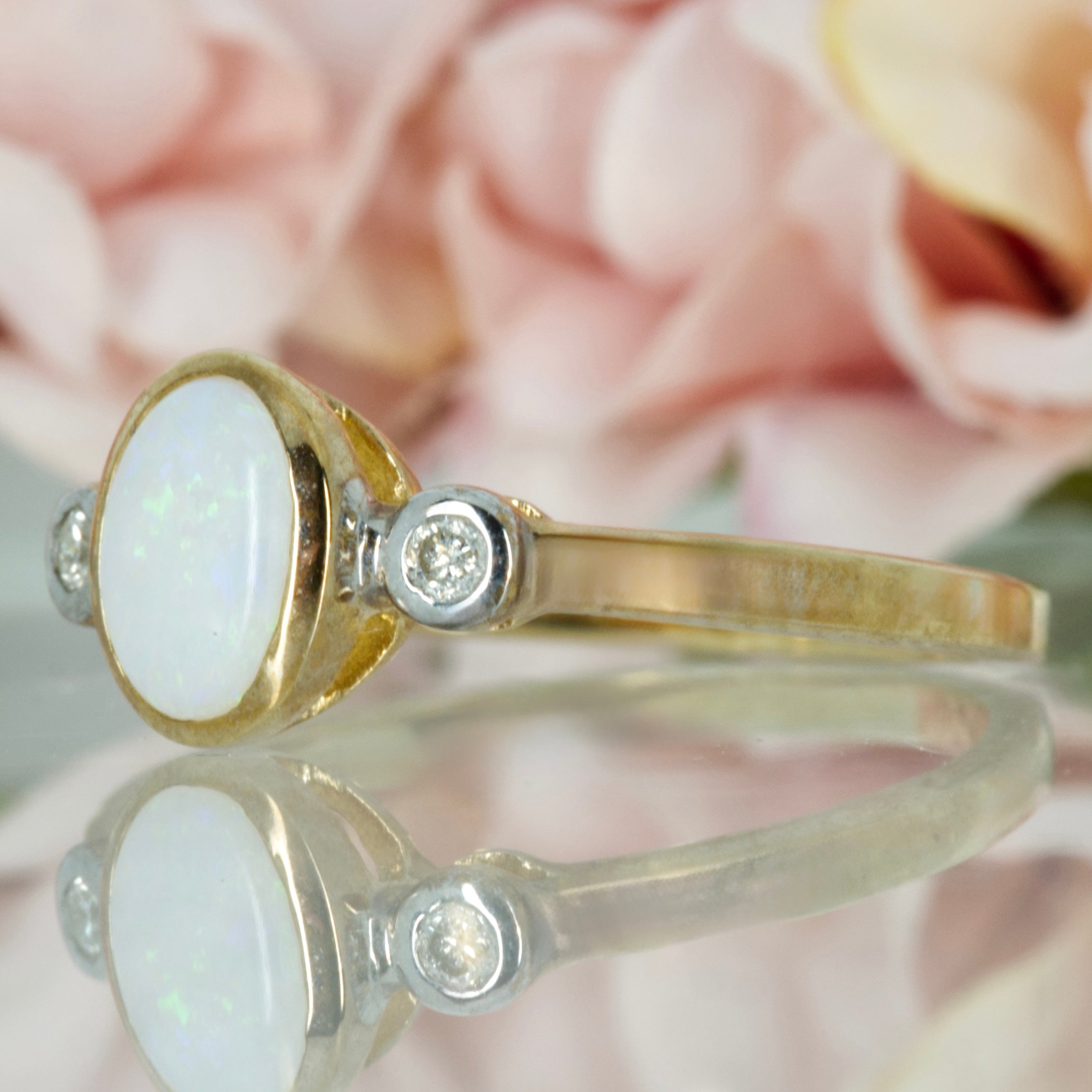 9ct Yellow Gold Oval Opal & Round Brilliant Cut Diamond Trilogy Ring