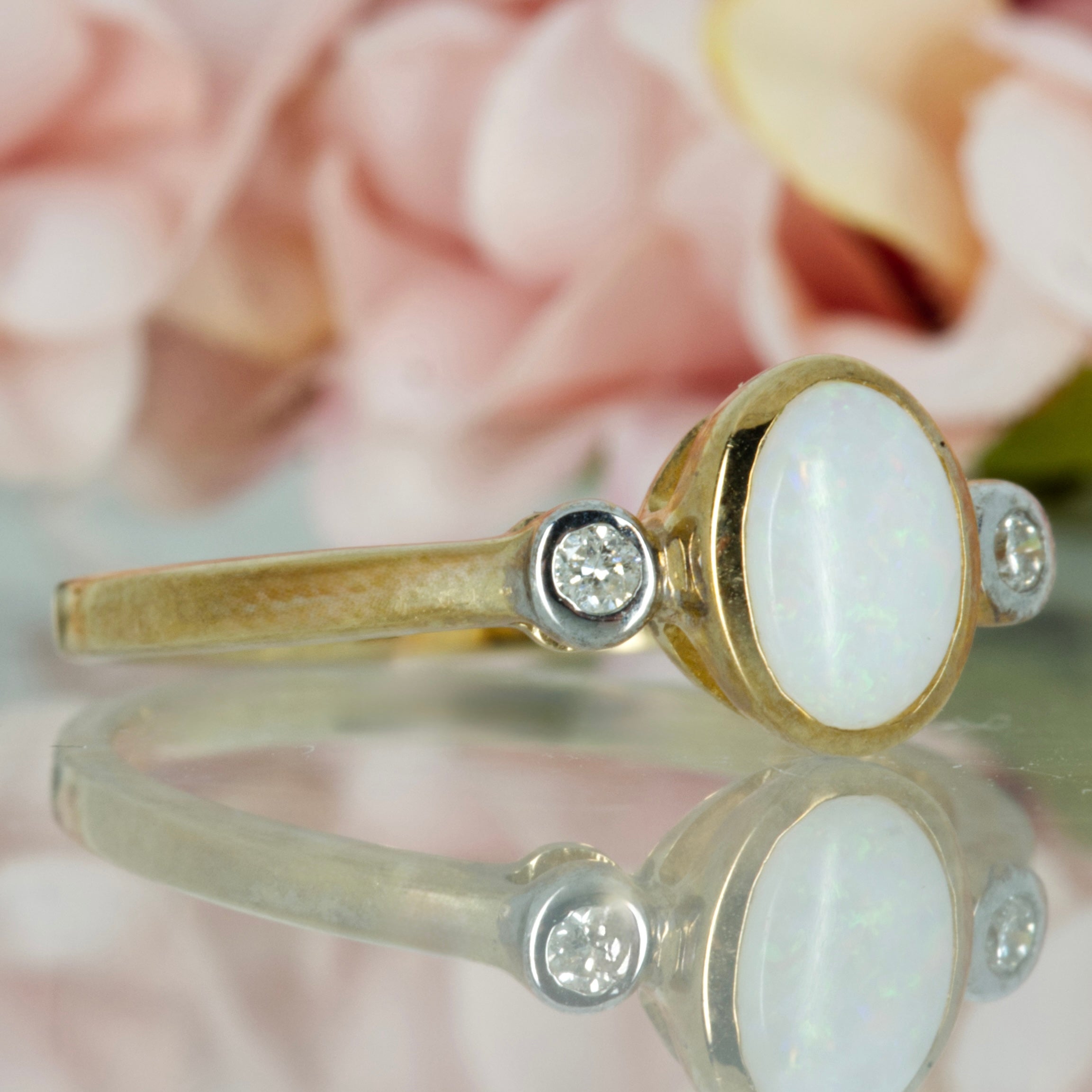 9ct Yellow Gold Oval Opal & Round Brilliant Cut Diamond Trilogy Ring