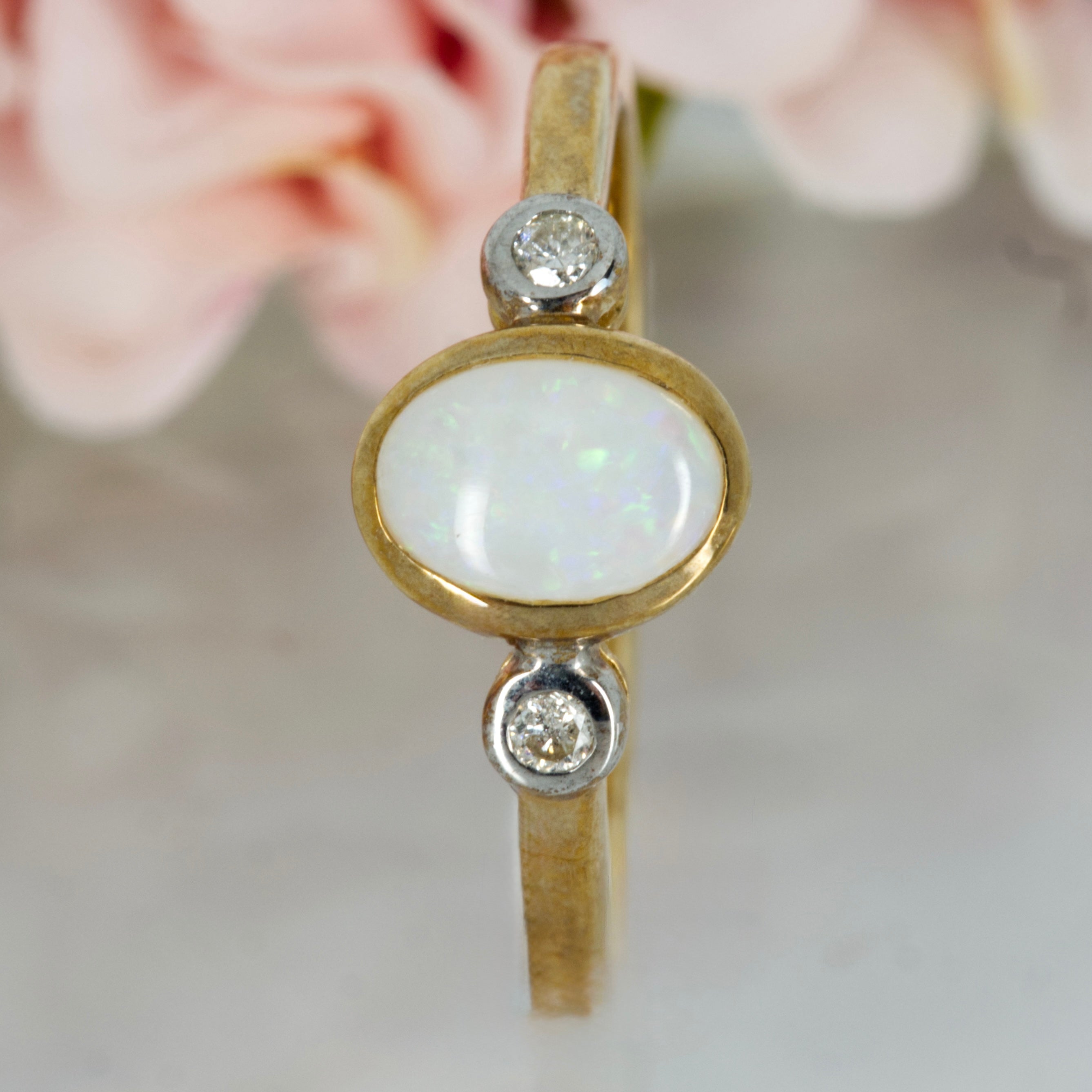 9ct Yellow Gold Oval Opal & Round Brilliant Cut Diamond Trilogy Ring