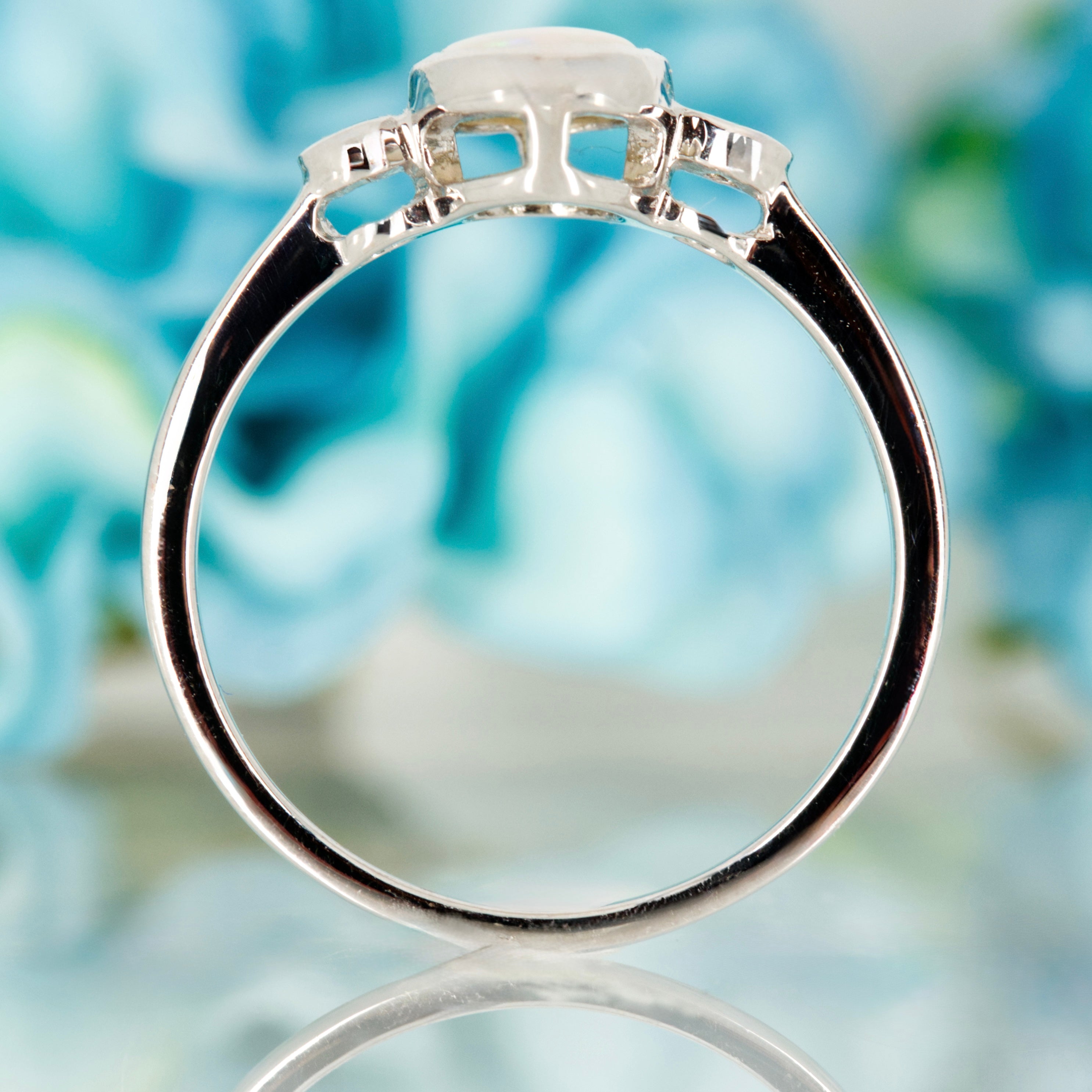 9ct White Gold Oval Opal & Round Brilliant Cut Diamond Trilogy Ring