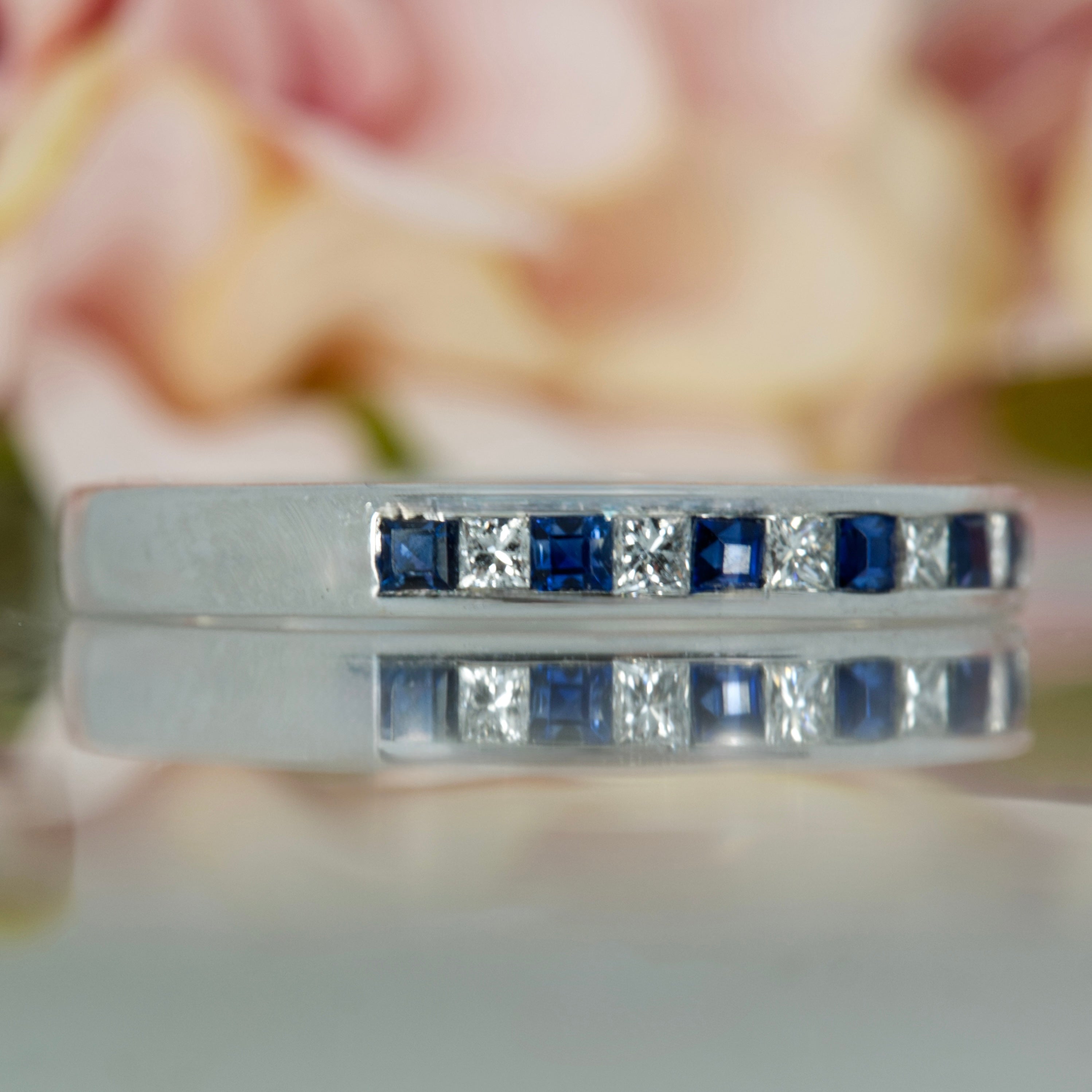 18ct White Gold Princess Cut Sapphire & Diamond Channel Set Half Eternity Ring