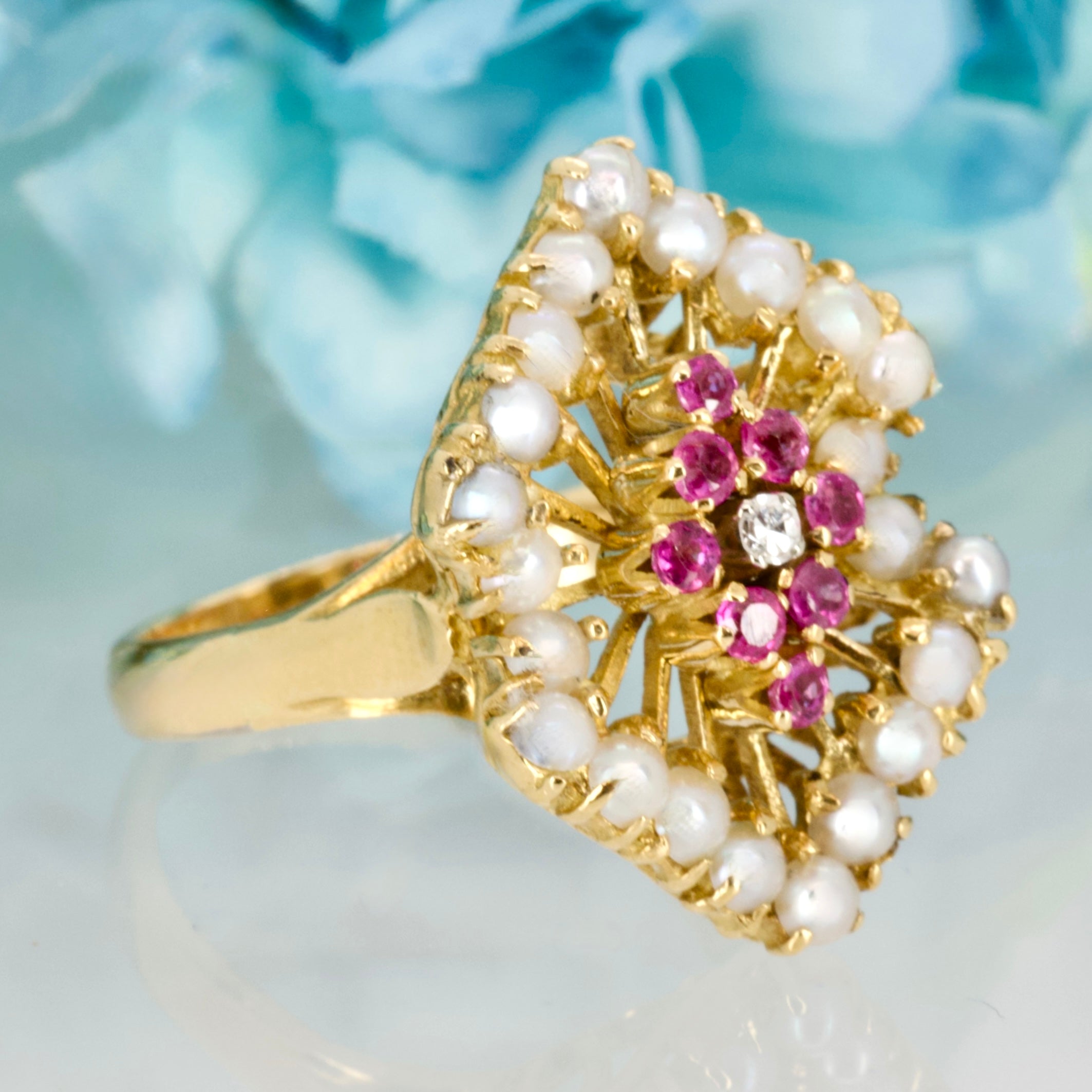 Pre-Loved 18ct Yellow Gold Pearl, Ruby & Diamond Set Dress Ring