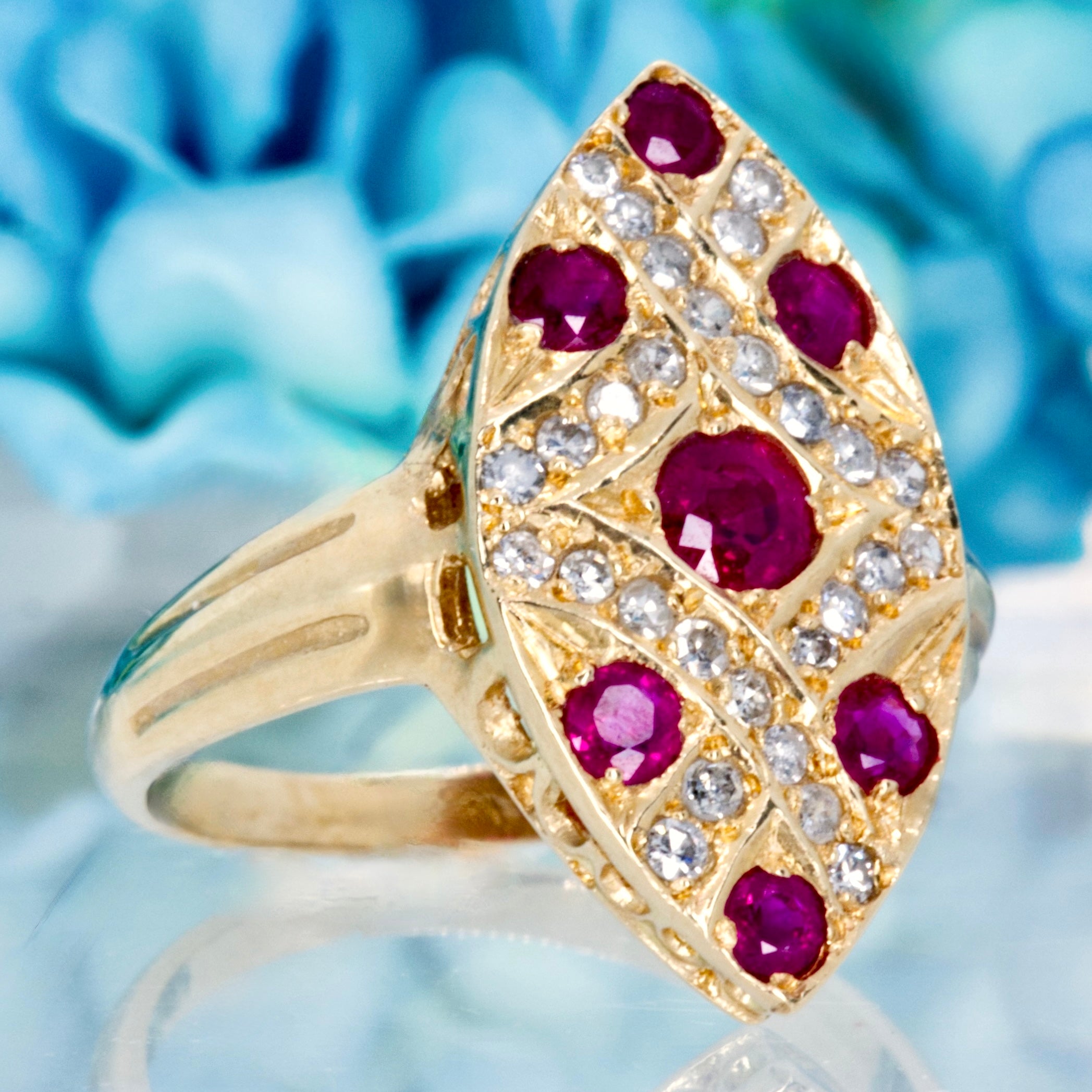 Pre-Loved 15ct Yellow Gold Ruby & Diamond Marquise Shaped Cluster Ring