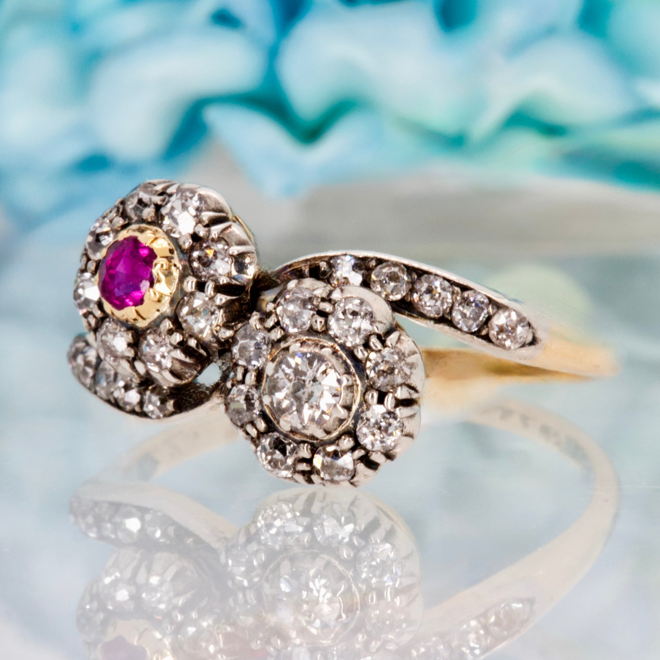 Pre-Loved 18ct Yellow Gold Ruby & Diamond Crossover Cluster Ring