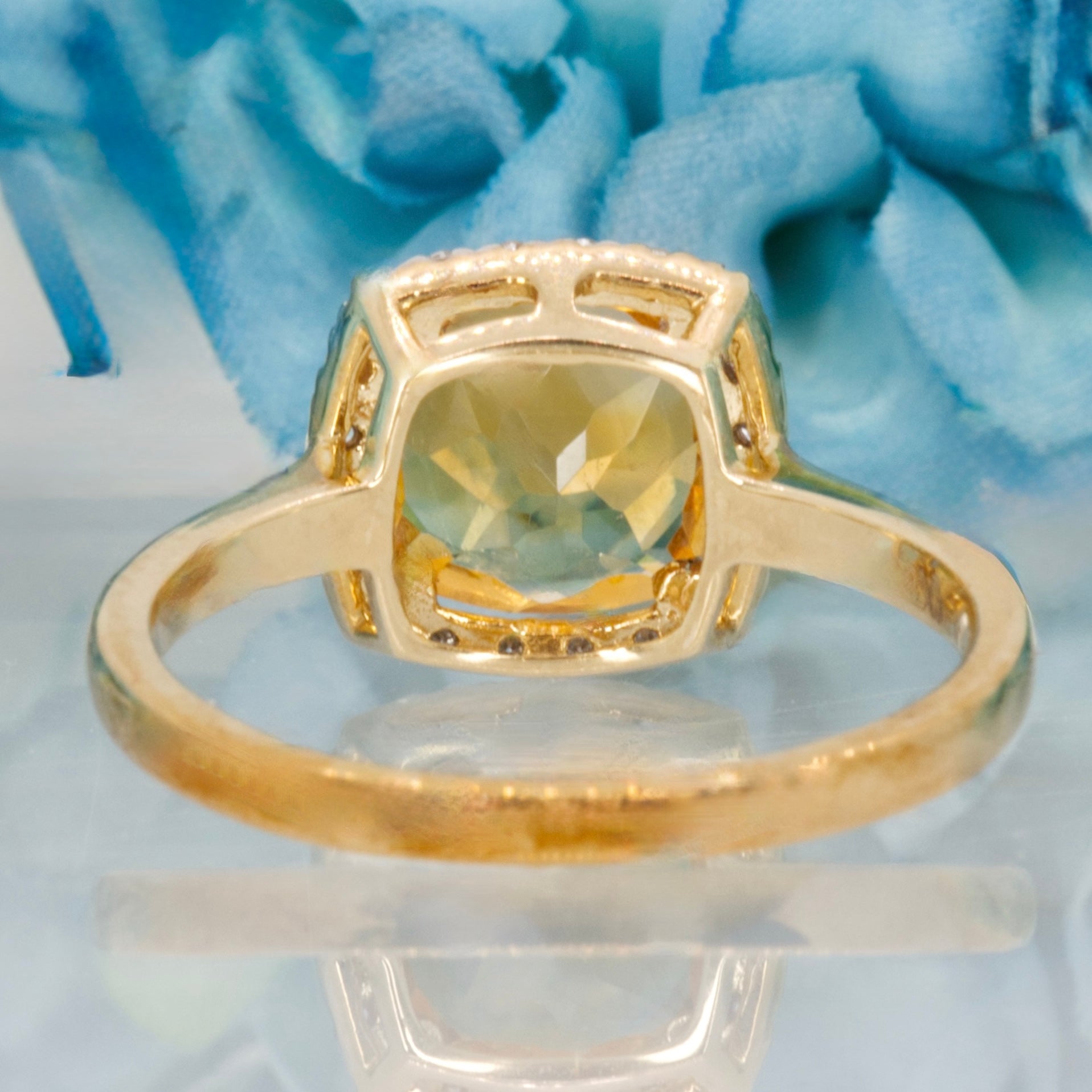 9ct Yellow Gold Cushion Cut Citrine & Round Brilliant Cut Diamond Halo Cluster Ring
