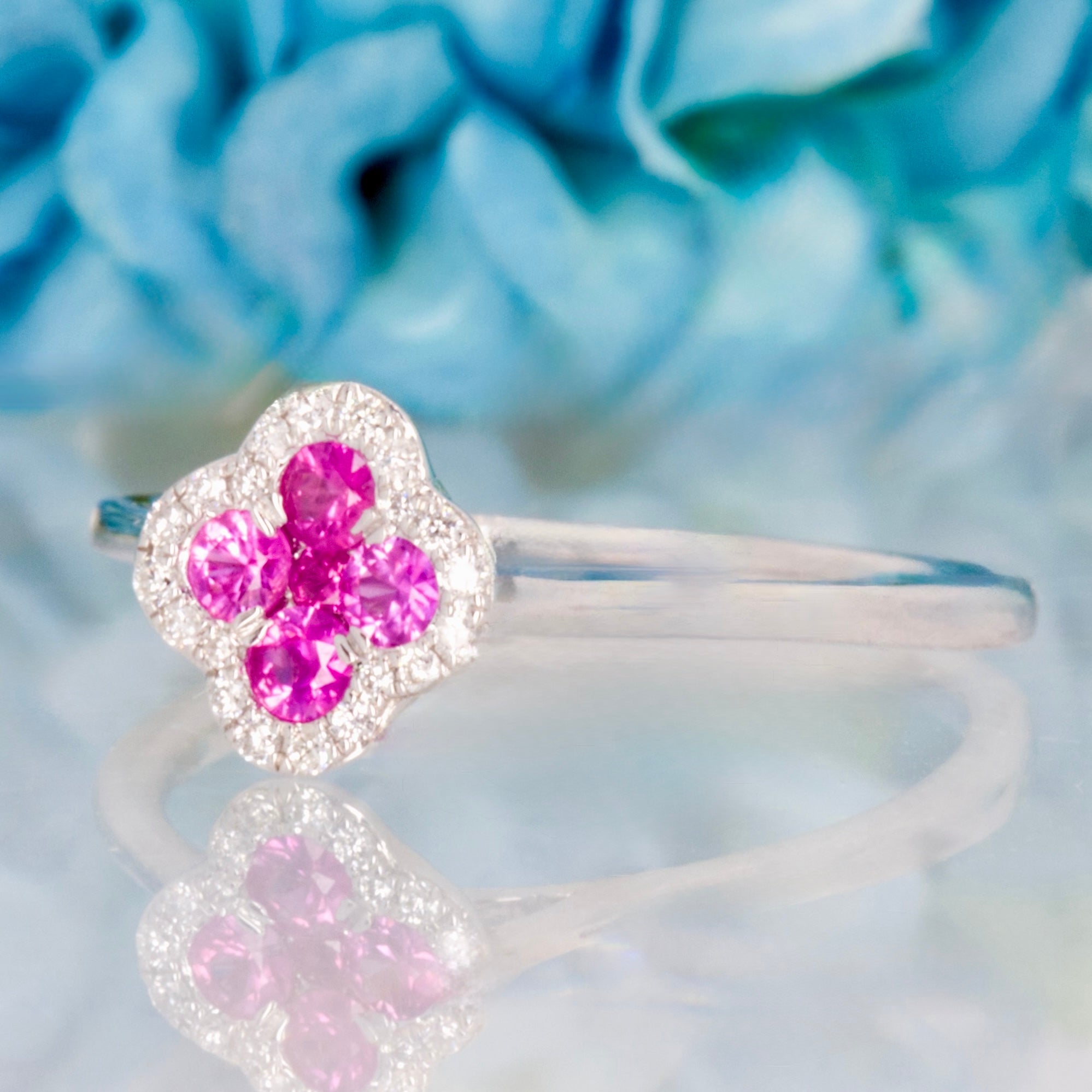 9ct White Gold Round Cut Pink Sapphire & Diamond Clover Cluster Ring