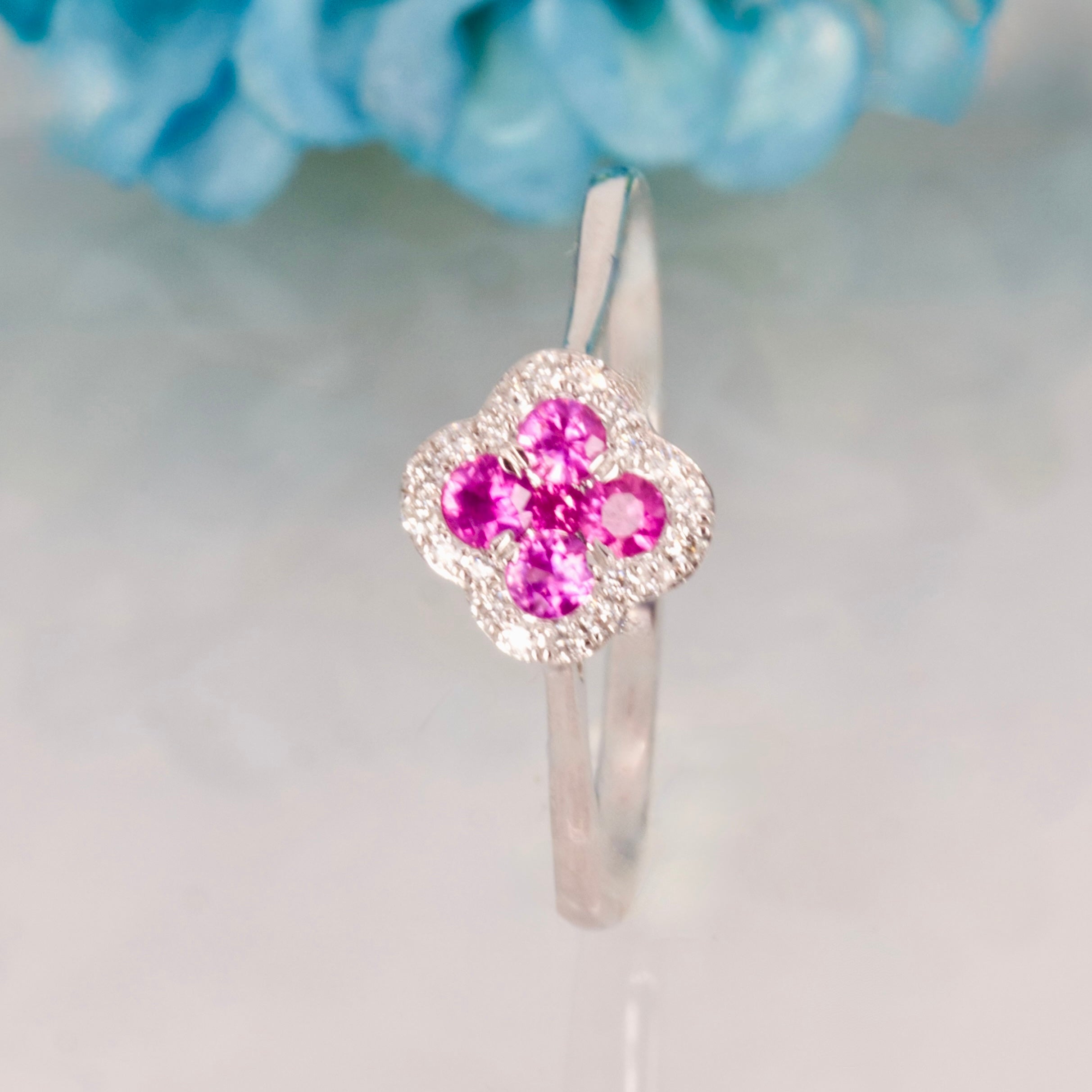 9ct White Gold Round Cut Pink Sapphire & Diamond Clover Cluster Ring