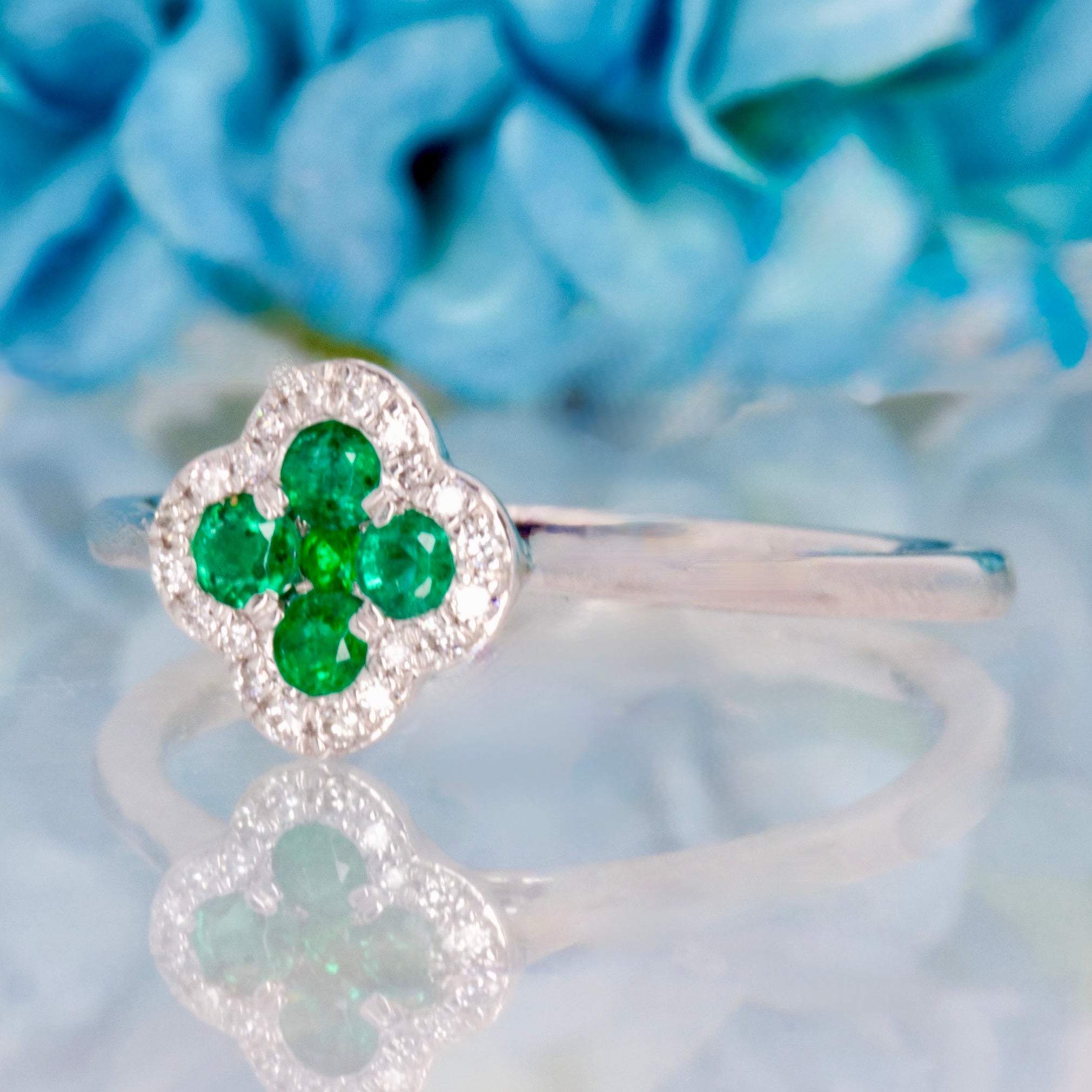 Platinum Round Cut Emerald & Diamond Clover Cluster Ring