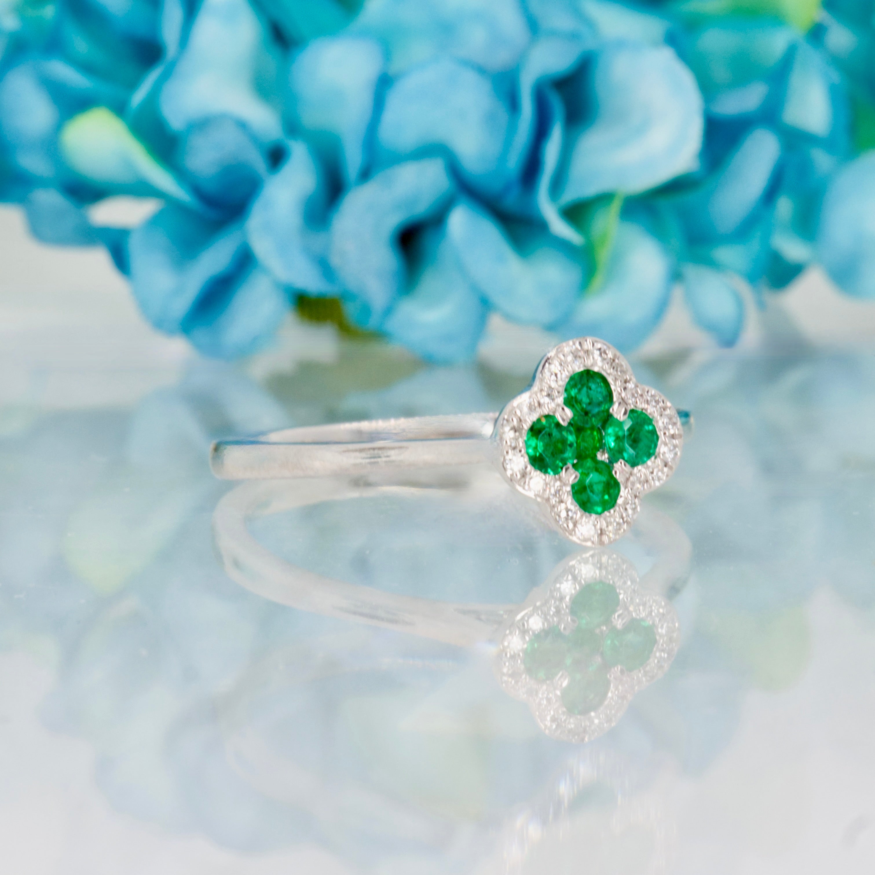 Platinum Round Cut Emerald & Diamond Clover Cluster Ring