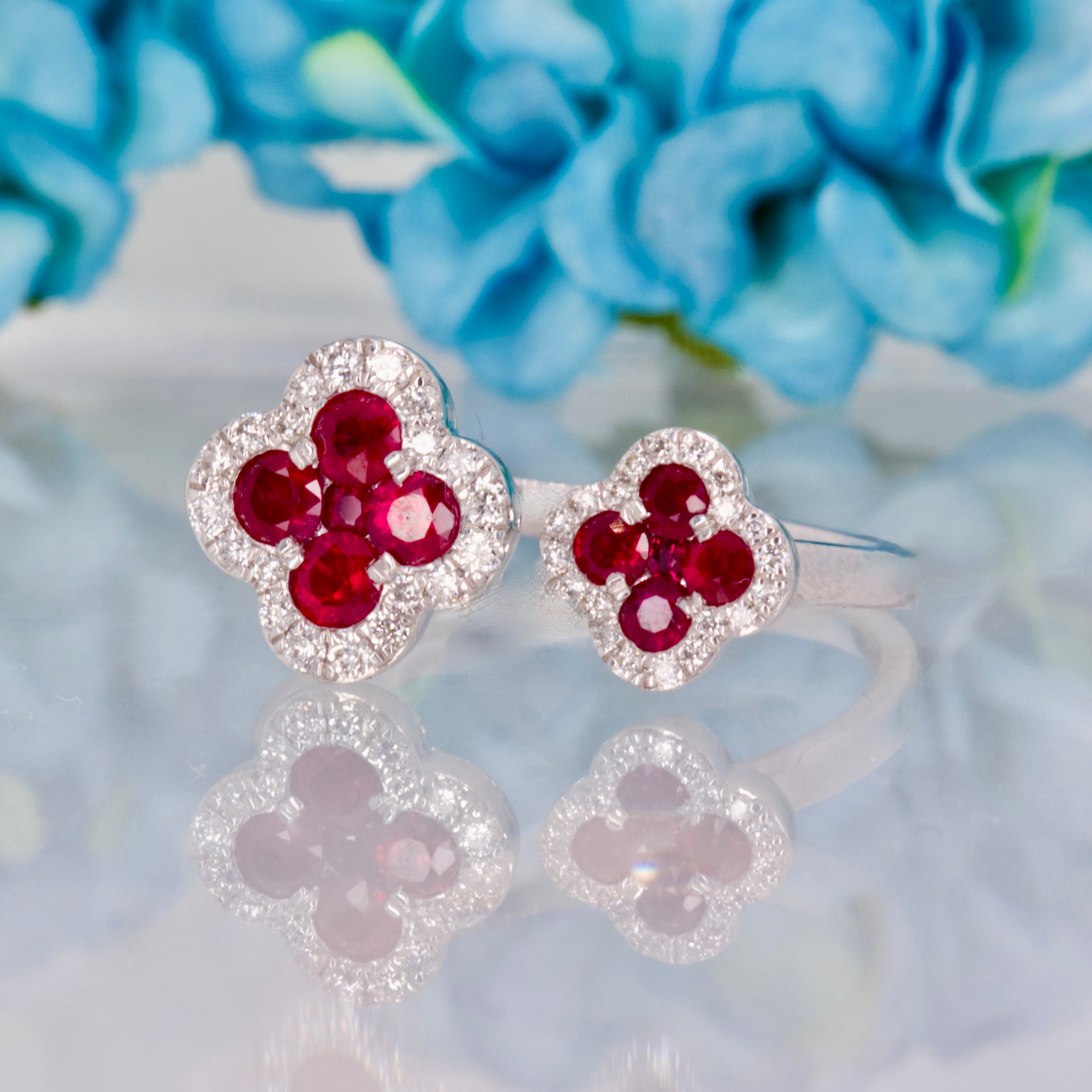 Platinum Round Cut Ruby & Diamond Double Clover Cluster Ring