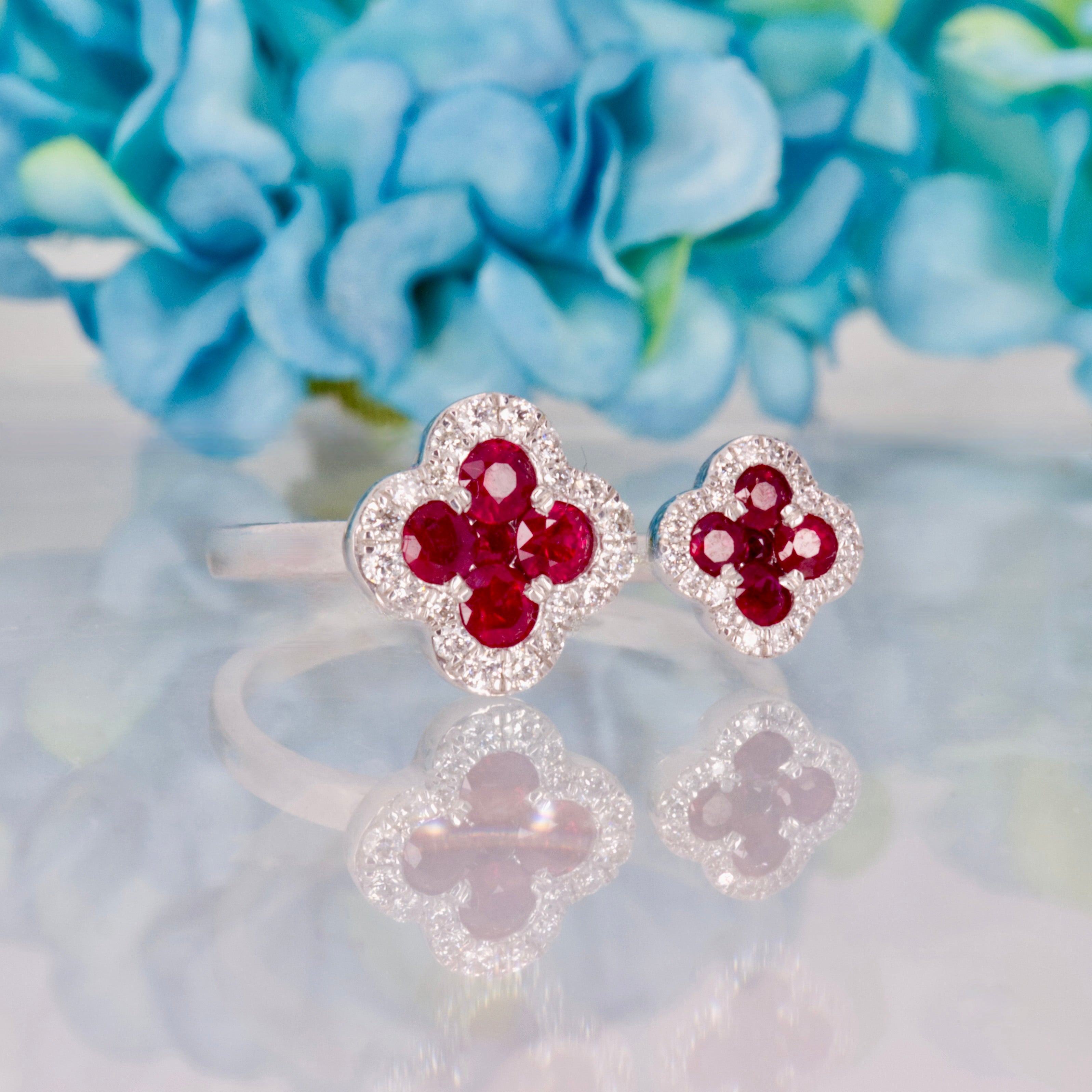 Platinum Round Cut Ruby & Diamond Double Clover Cluster Ring