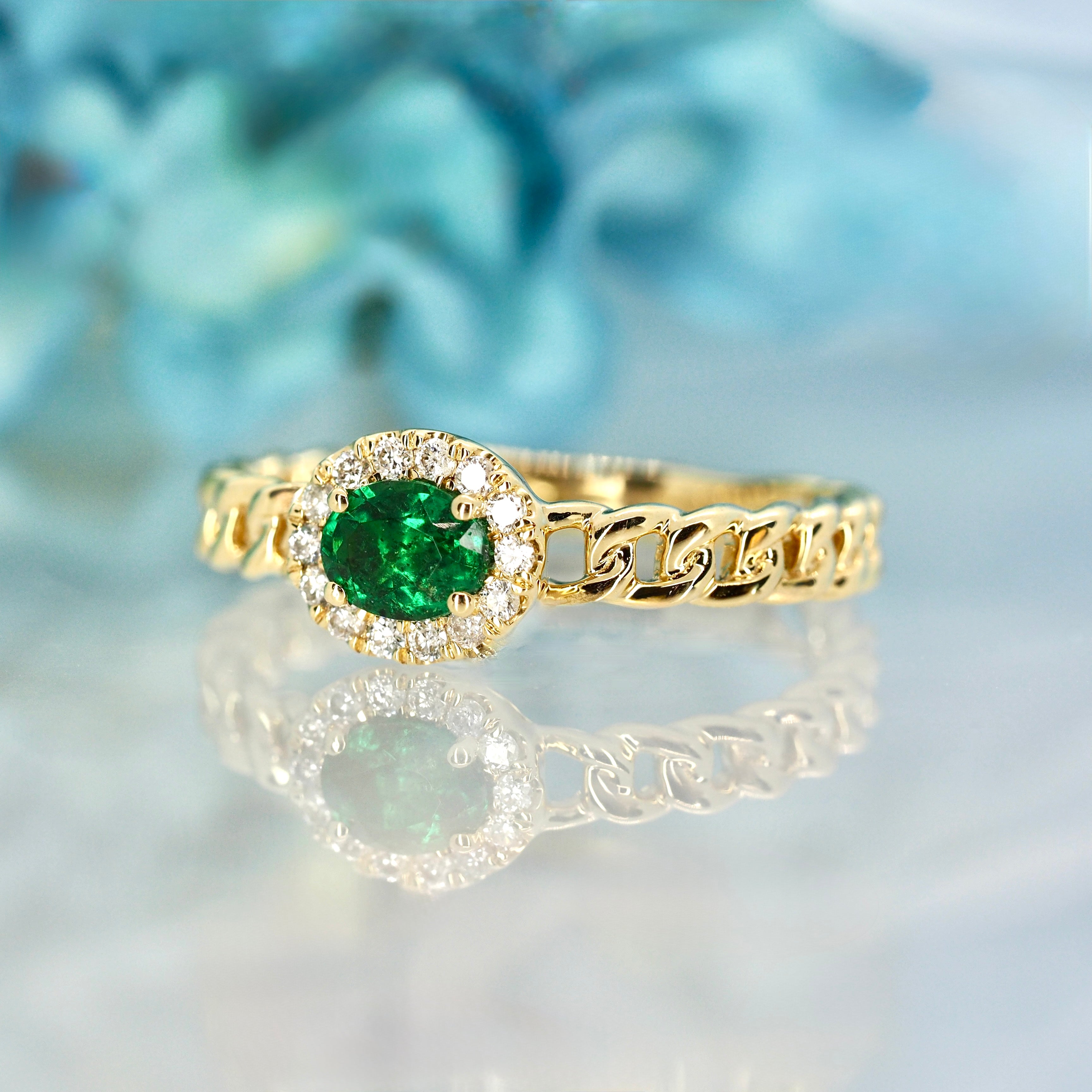 9ct Yellow Gold Oval Cut Emerald & Round Brilliant Cut Diamond Cluster Ring