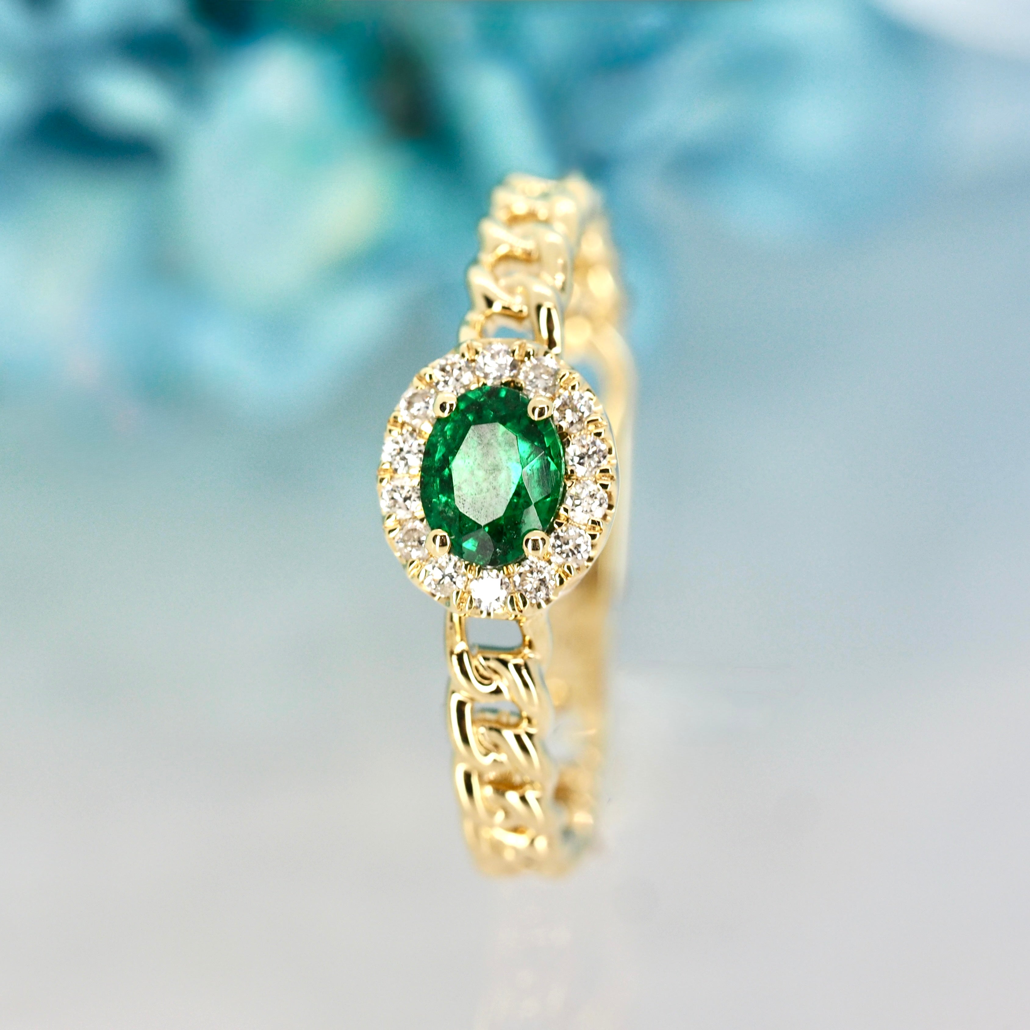 9ct Yellow Gold Oval Cut Emerald & Round Brilliant Cut Diamond Cluster Ring