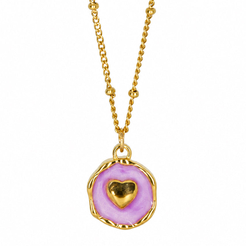 Gold Plated Round Lilac Heart Pendant & Chain