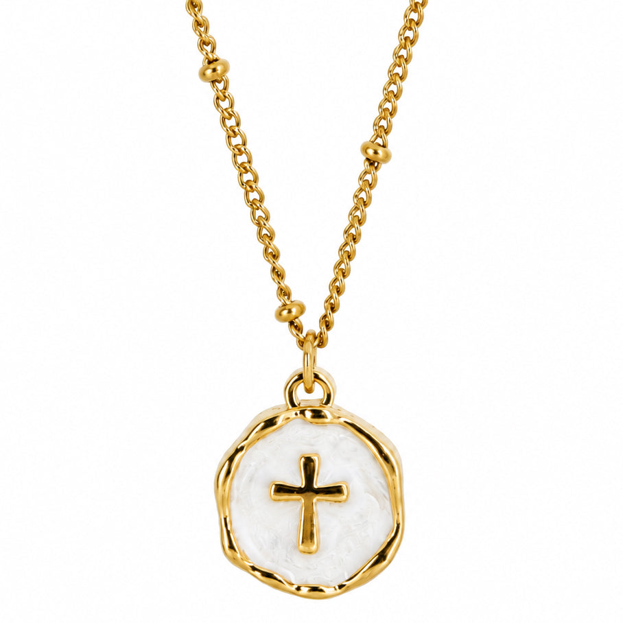 Gold Plated Round White Cross Pendant & Chain