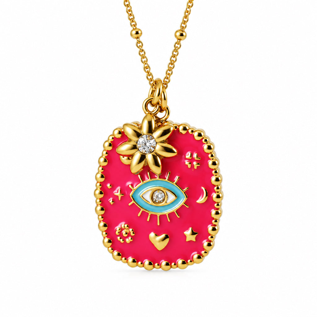 Gold Plated Pink & Turquoise Enamel Set Evil Eye Pendant & Chain