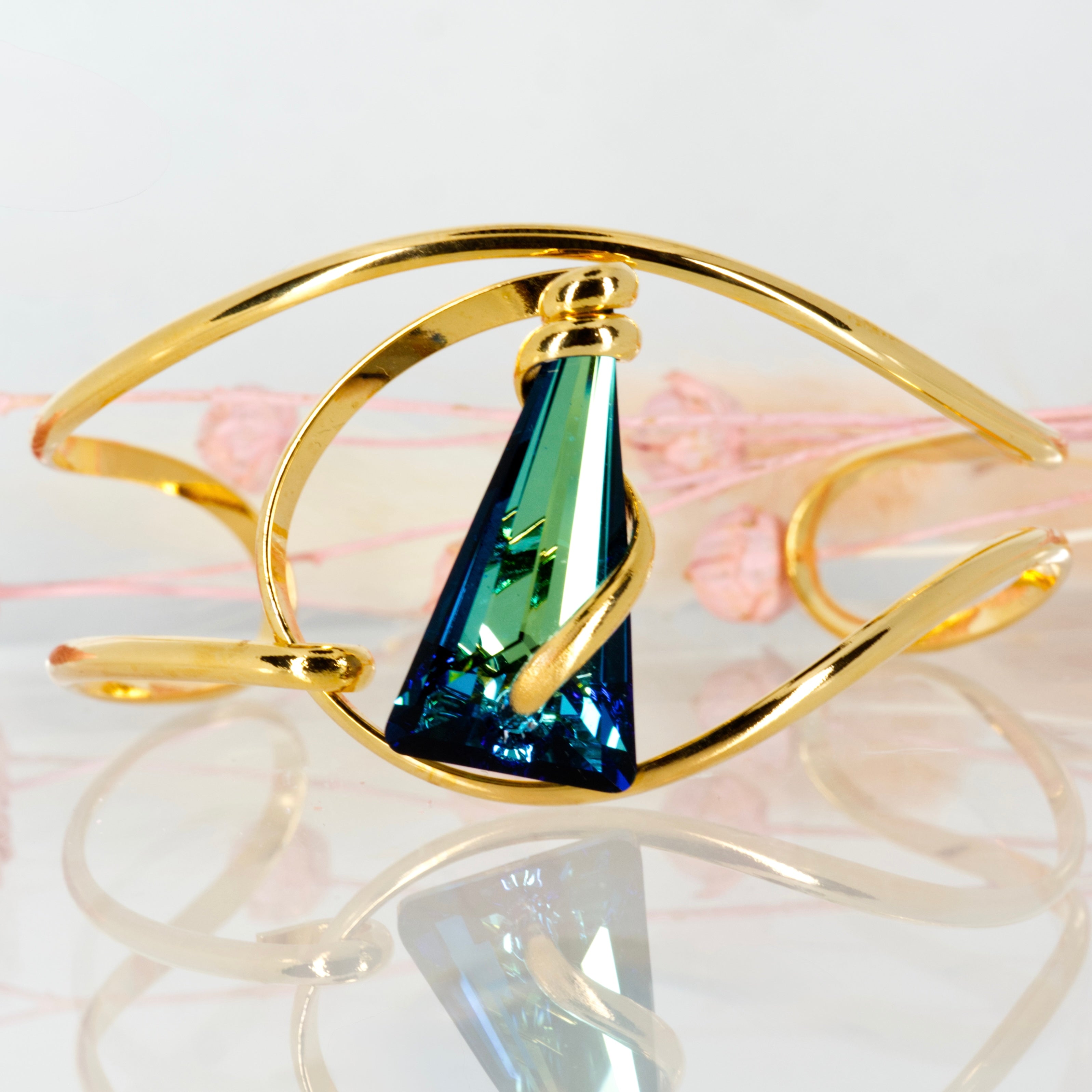 Andrea Marazzini Gold Plated Triangular Shaped Blue-Green Crystal Cuff Bangle