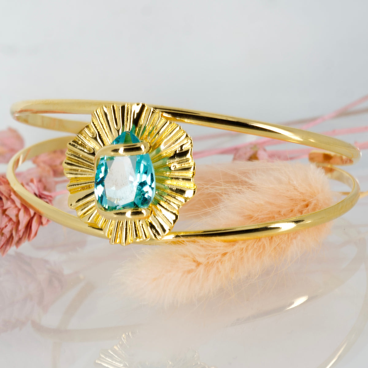 Andrea Marazzini Gold Plated Blue Pear Shaped Crystal Cuff Bangle