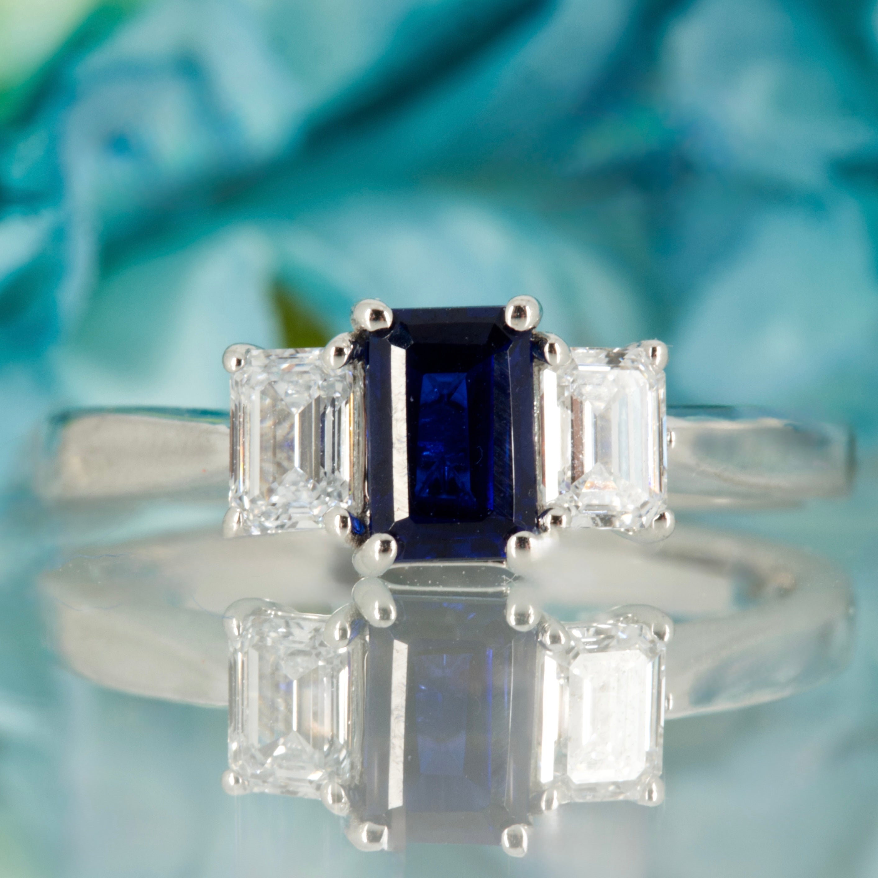 9ct White Gold Emerald Cut Lab Grown Sapphire & Emerald Cut Lab Grown Diamond Trilogy Ring