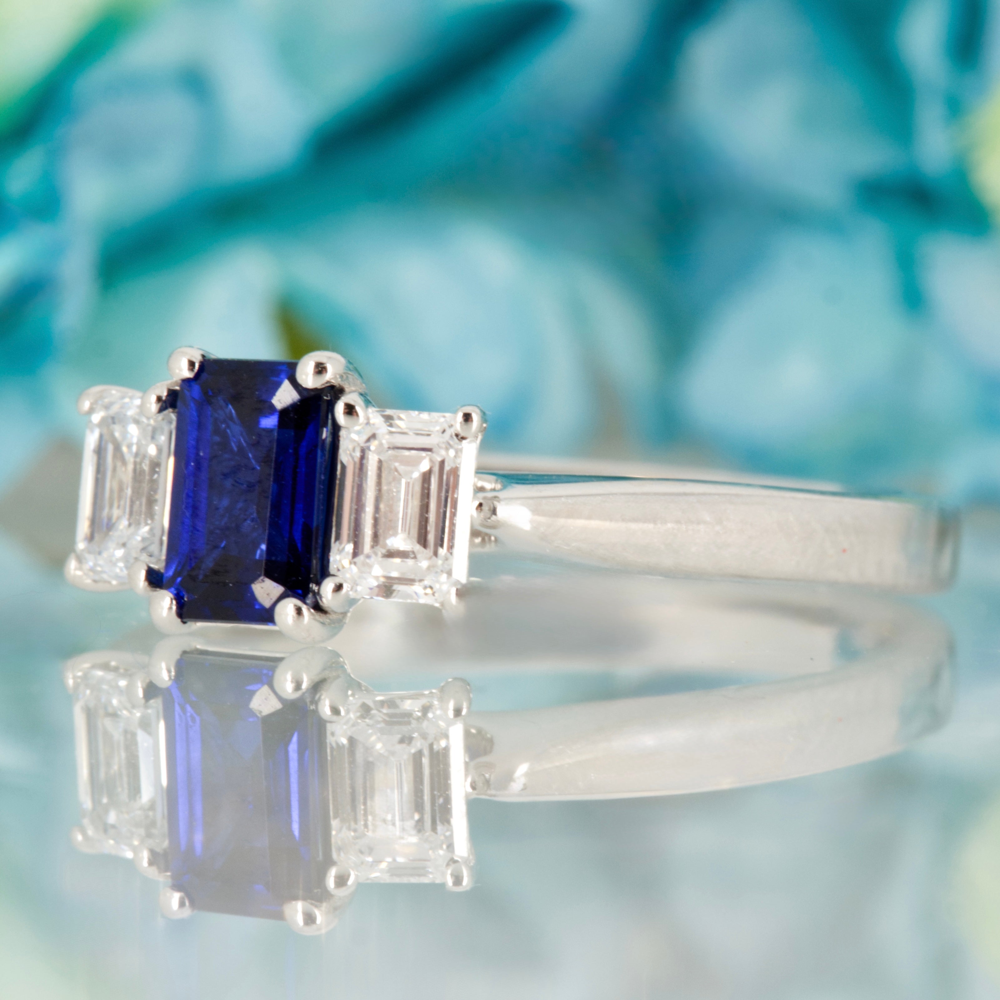 9ct White Gold Emerald Cut Lab Grown Sapphire & Emerald Cut Lab Grown Diamond Trilogy Ring