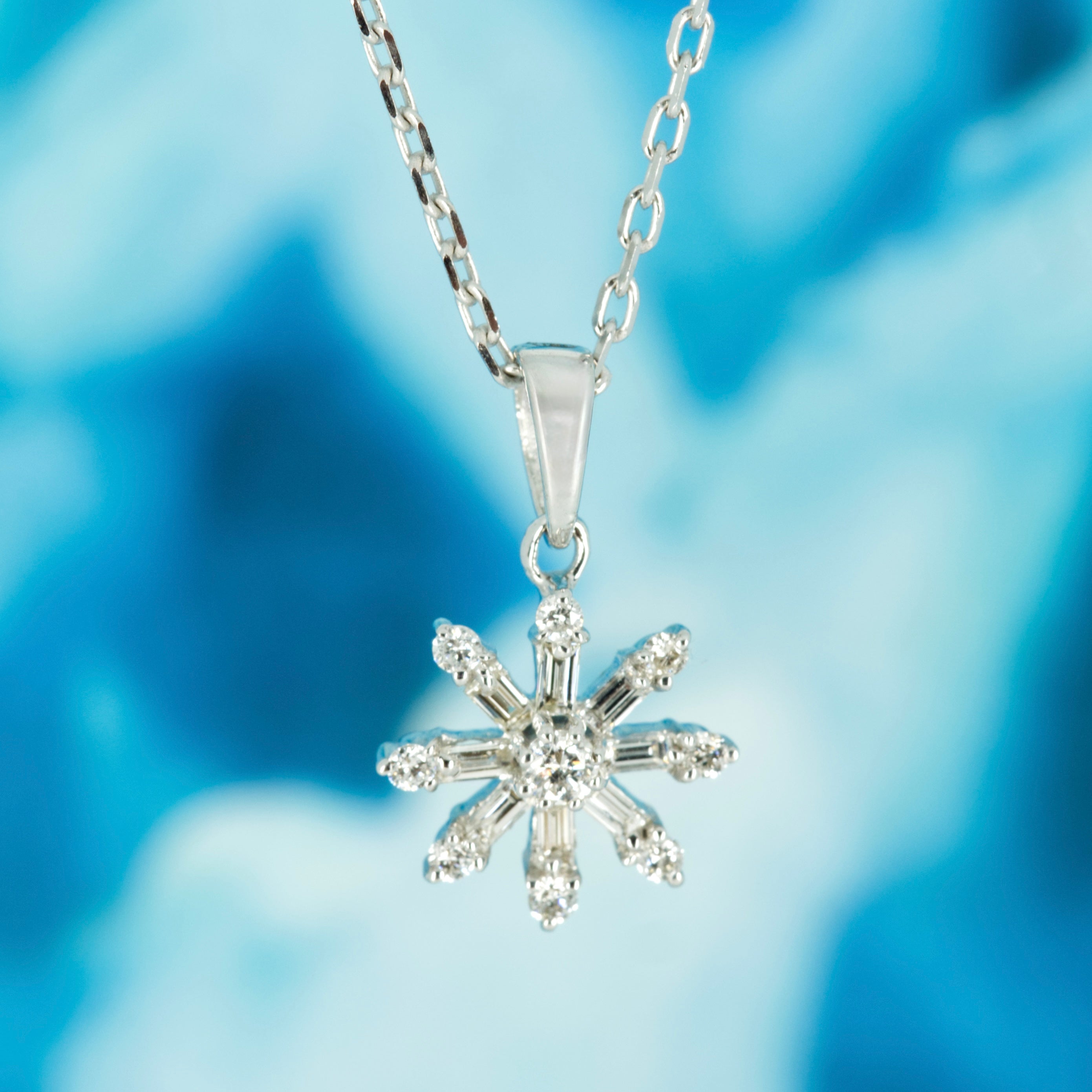9ct White Gold 0.24ct Round Brilliant & Baguette Cut Diamond Snowflake Pendant & Chain