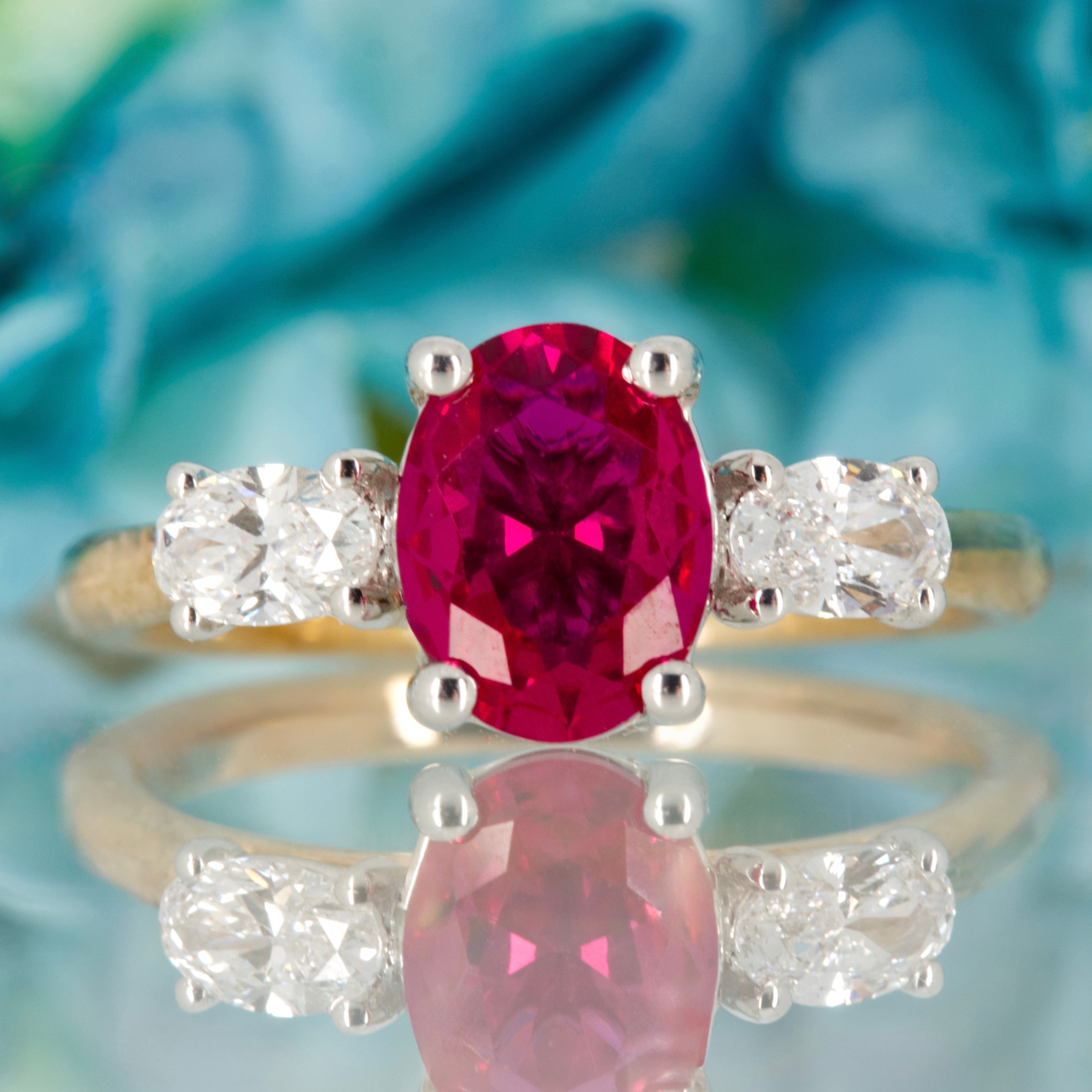 9ct Yellow Gold Oval Cut Lab Grown Ruby & Oval Cut Lab Grown Diamond Trilogy Ring