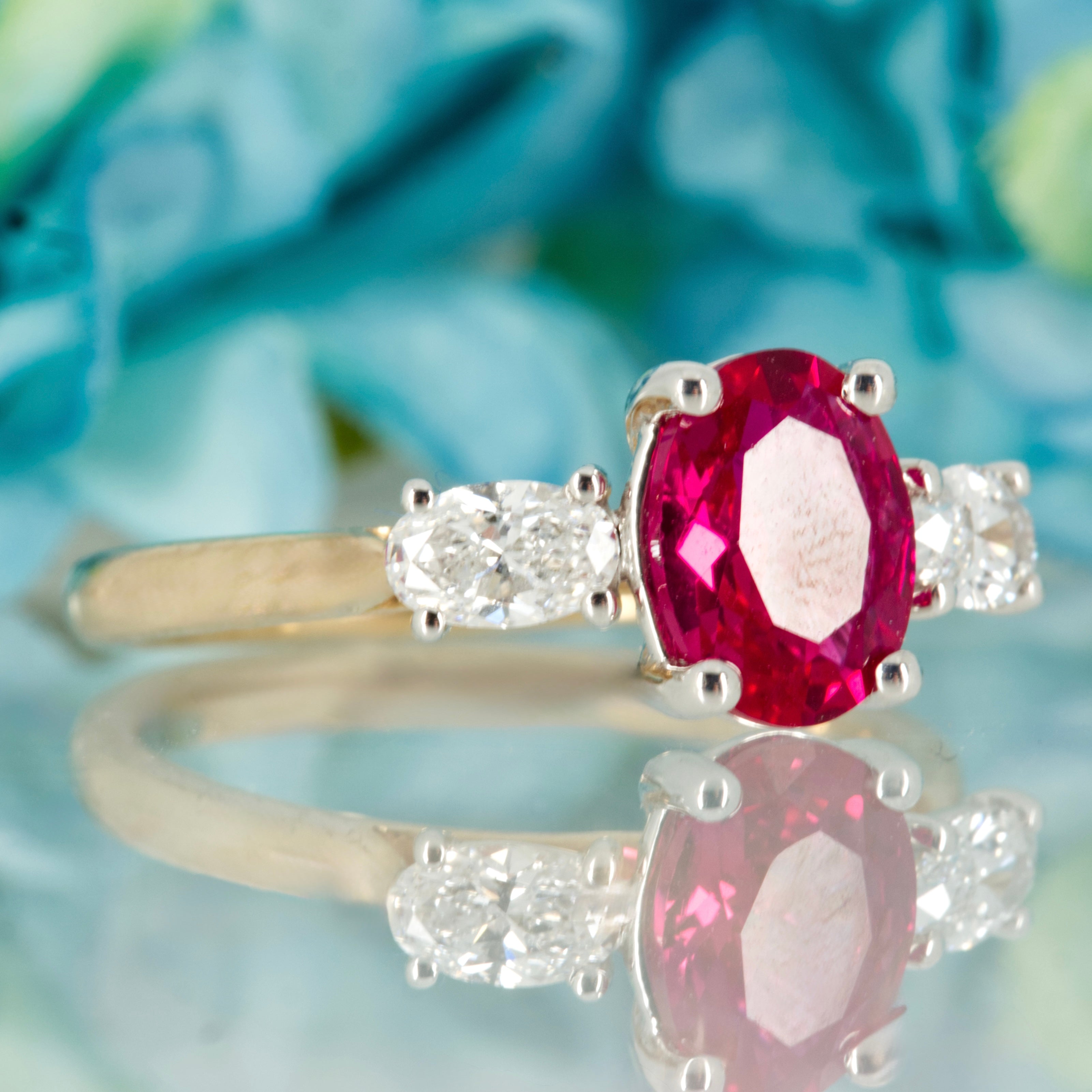 9ct Yellow Gold Oval Cut Lab Grown Ruby & Oval Cut Lab Grown Diamond Trilogy Ring