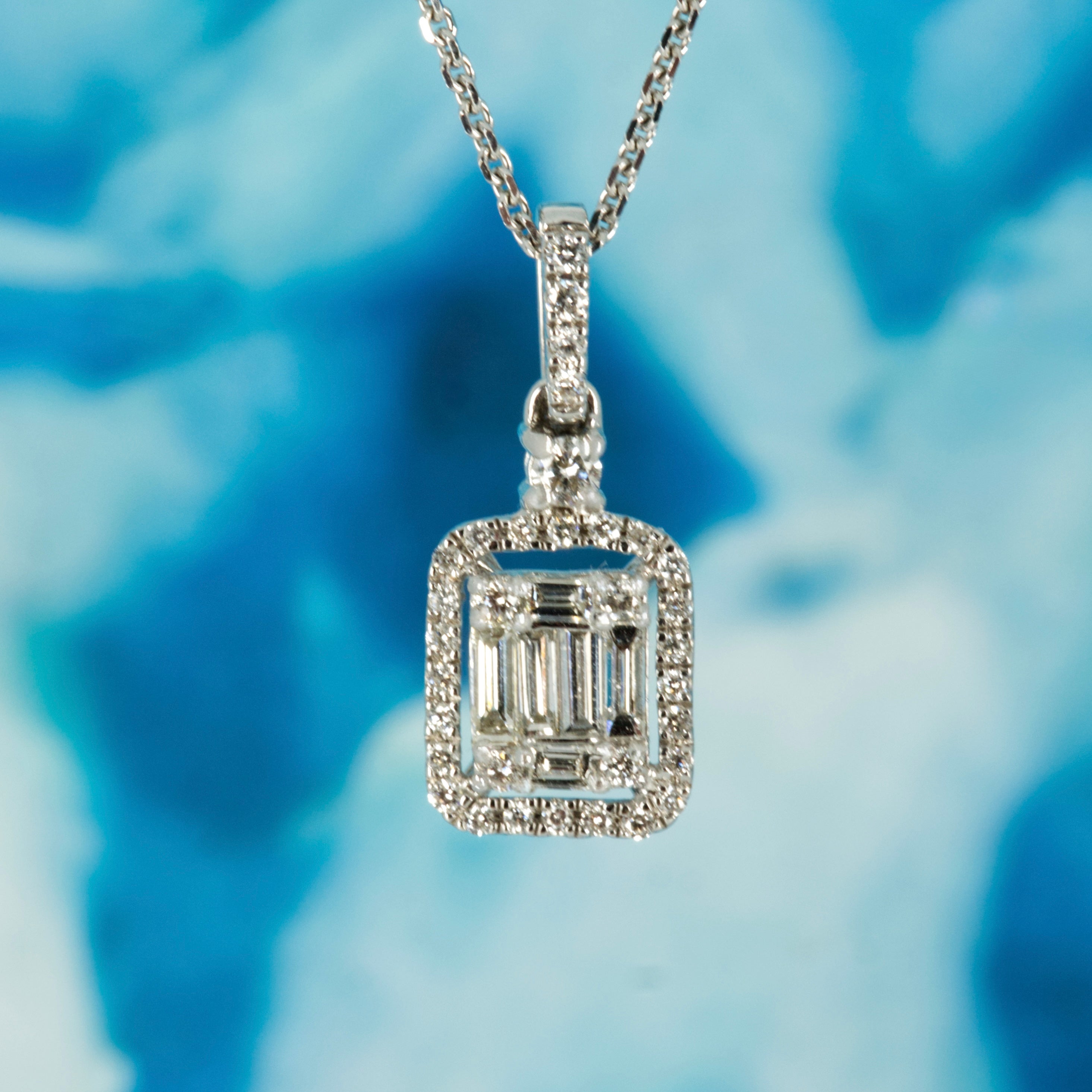 18ct White Gold 0.40ct Baguette & Round Brilliant Cut Diamond Rectangular Cluster Pendant & Chain