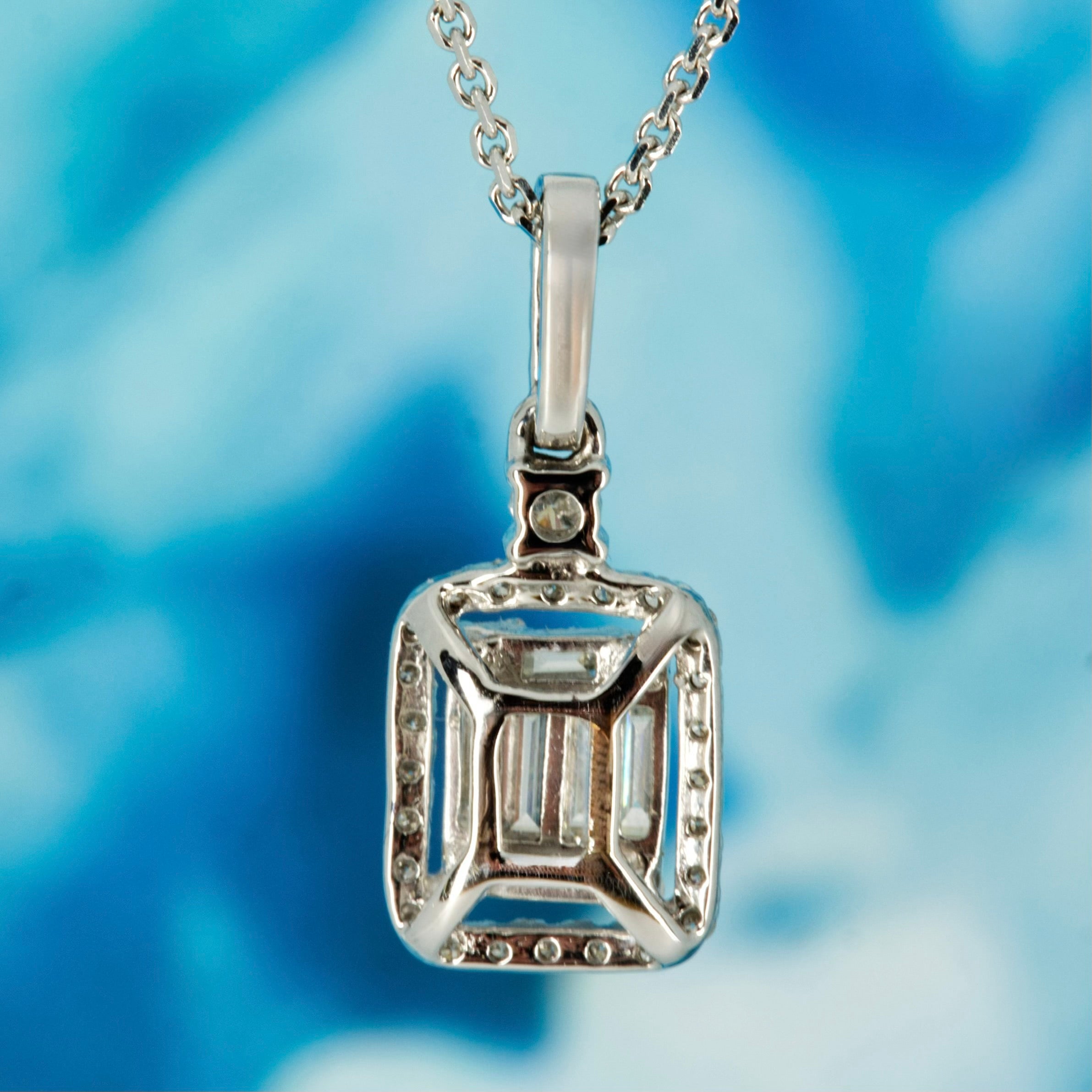 18ct White Gold 0.40ct Baguette & Round Brilliant Cut Diamond Rectangular Cluster Pendant & Chain