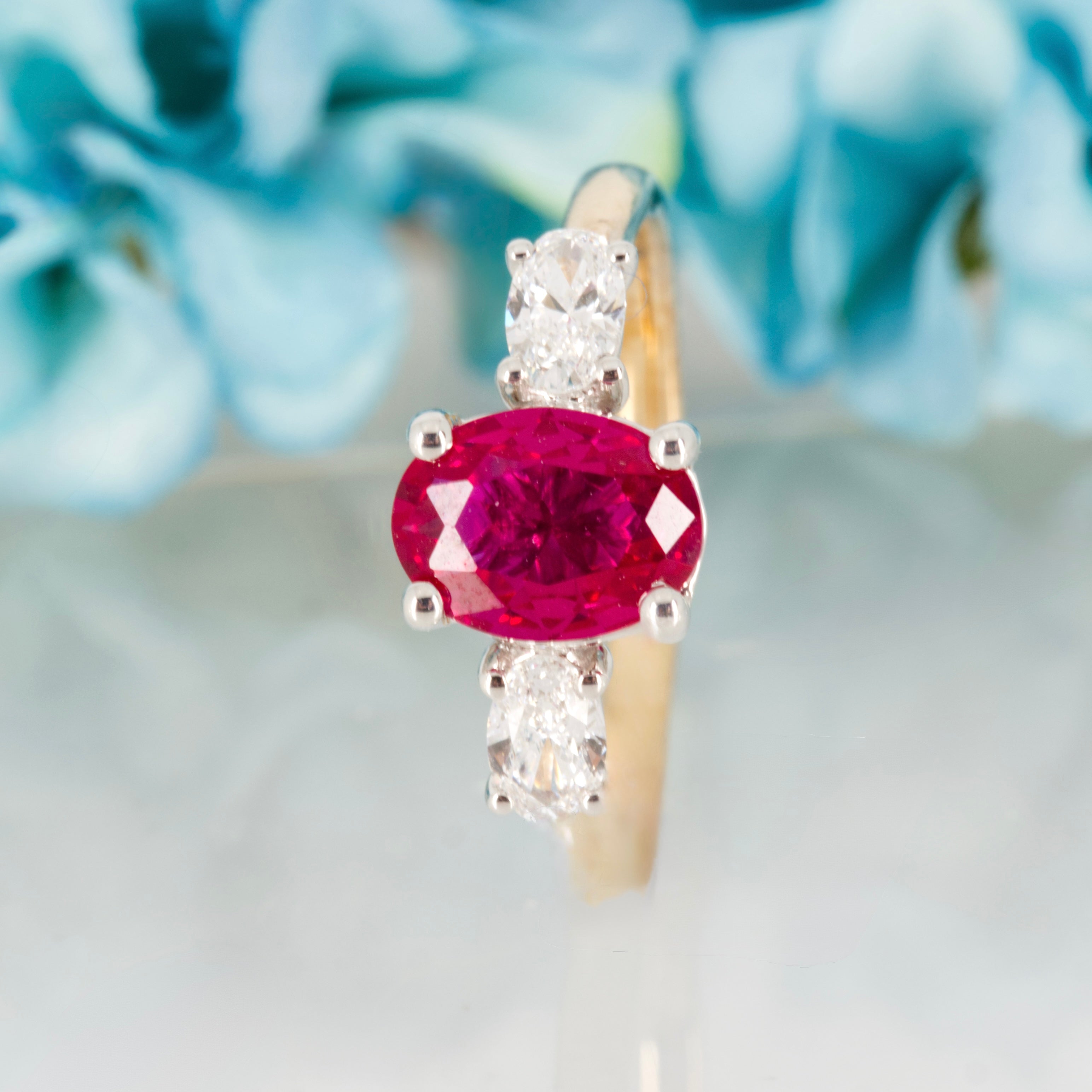 9ct Yellow Gold Oval Cut Lab Grown Ruby & Oval Cut Lab Grown Diamond Trilogy Ring
