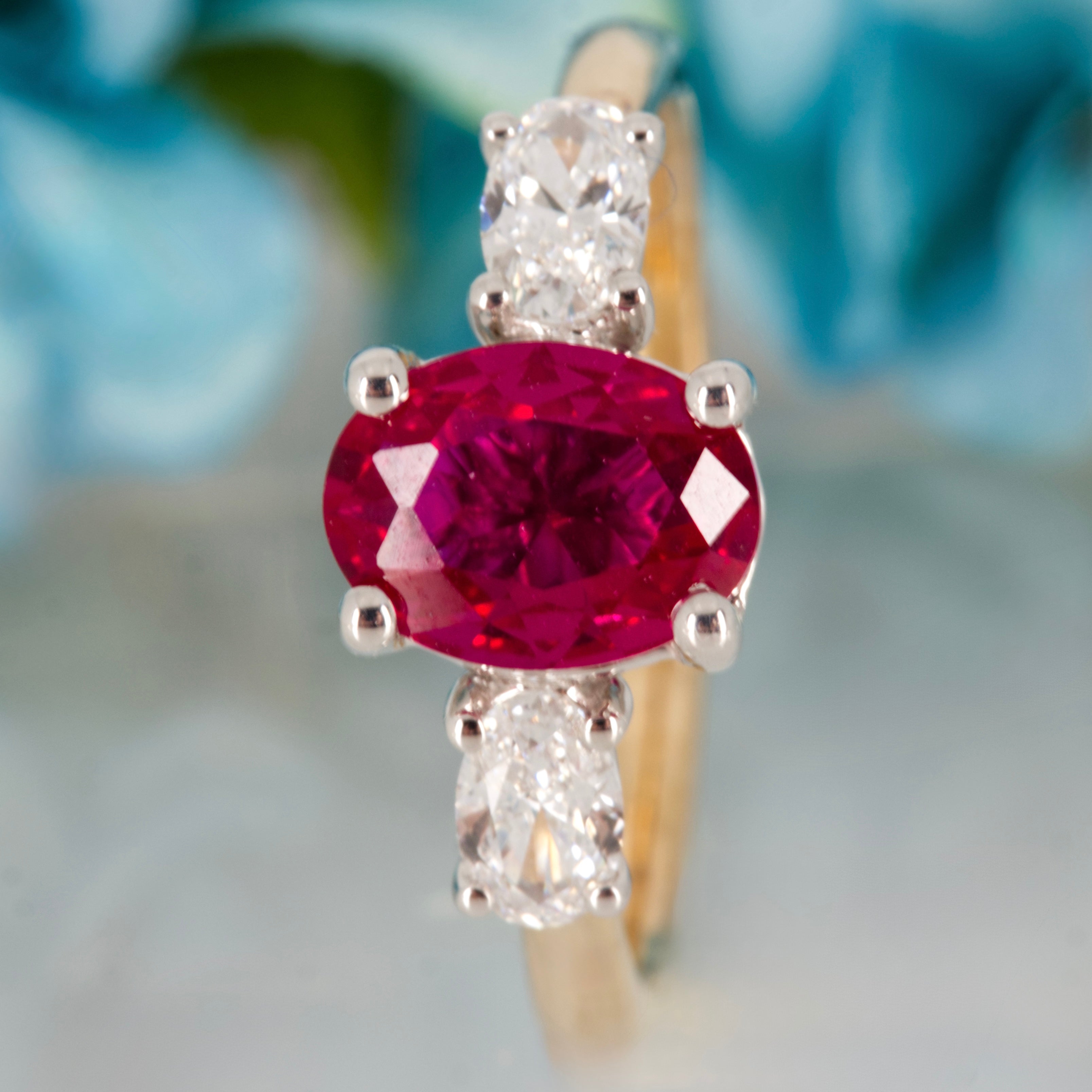 9ct Yellow Gold Oval Cut Lab Grown Ruby & Oval Cut Lab Grown Diamond Trilogy Ring