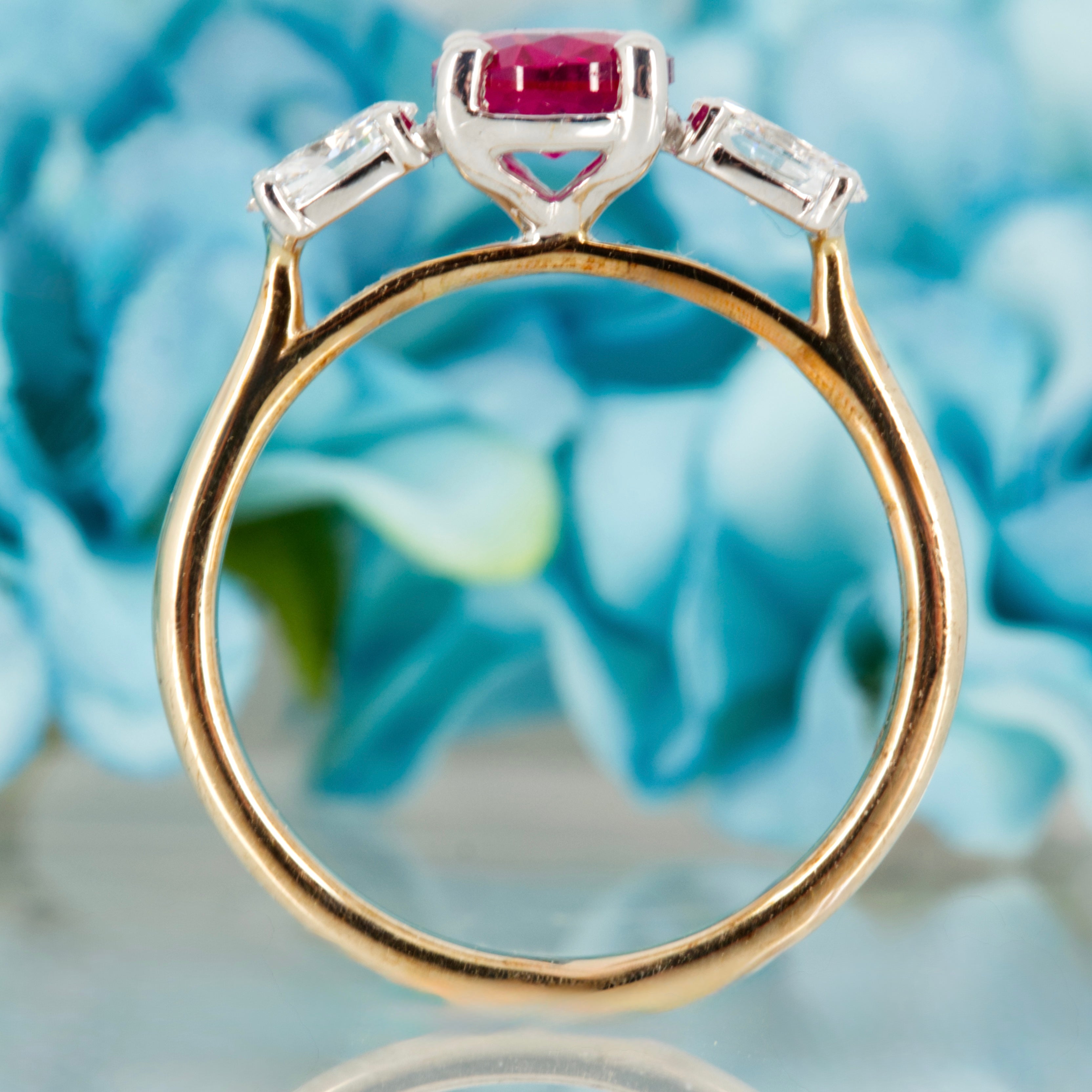 9ct Yellow Gold Oval Cut Lab Grown Ruby & Oval Cut Lab Grown Diamond Trilogy Ring