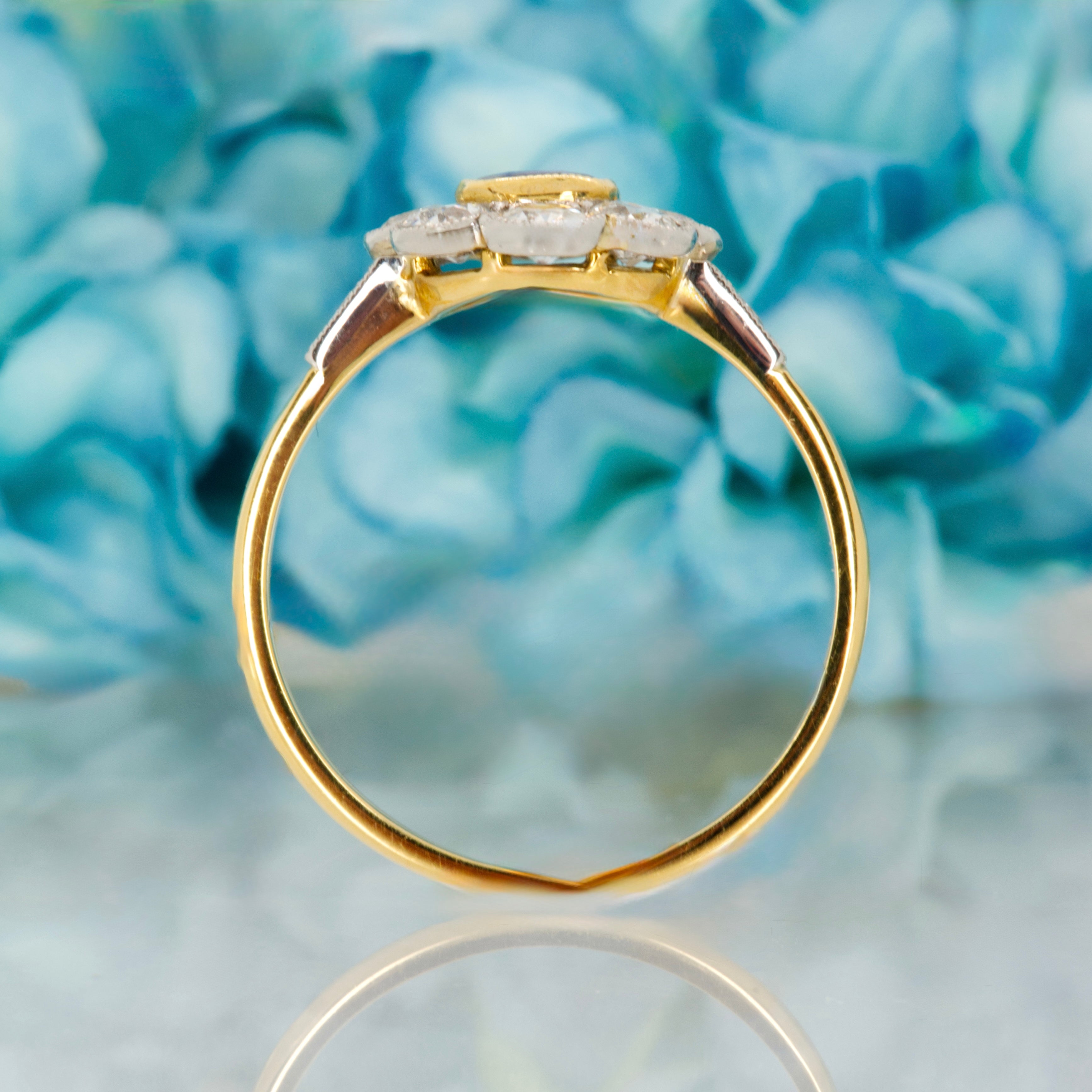 Pre-Loved 18ct Yellow Gold & Platinum Cushion Cut Sapphire & Diamond Daisy Cluster Ring